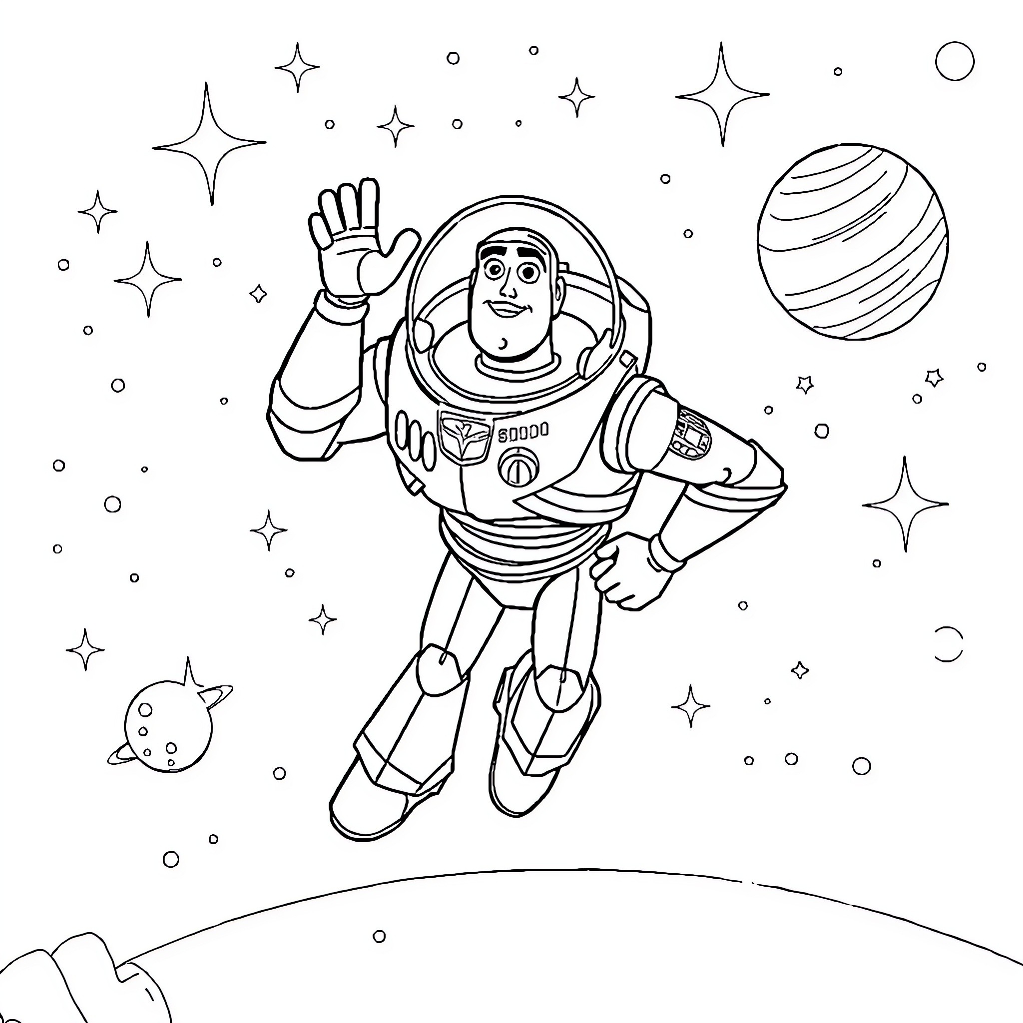 Buzz Lightyear soaring through the cosmos Coloring Page (free black-and-white line drawing printable PDF for all, from beginners to advanced learners, including children, teens, adults, and seniors)