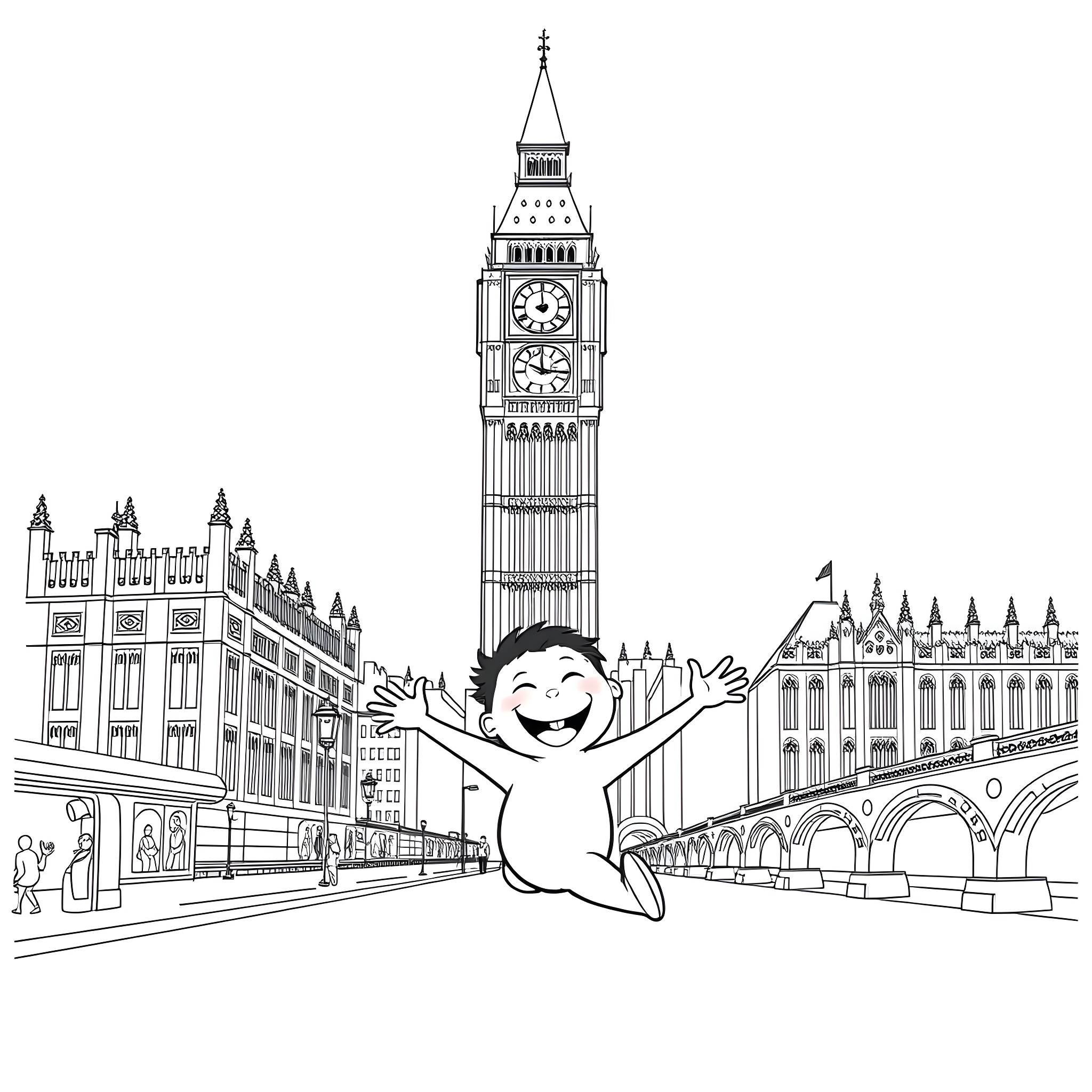 Big Ben with a cheerful character in London Coloring Page (free black-and-white line drawing printable PDF for all, from beginners to advanced learners, including children, teens, adults, and seniors)