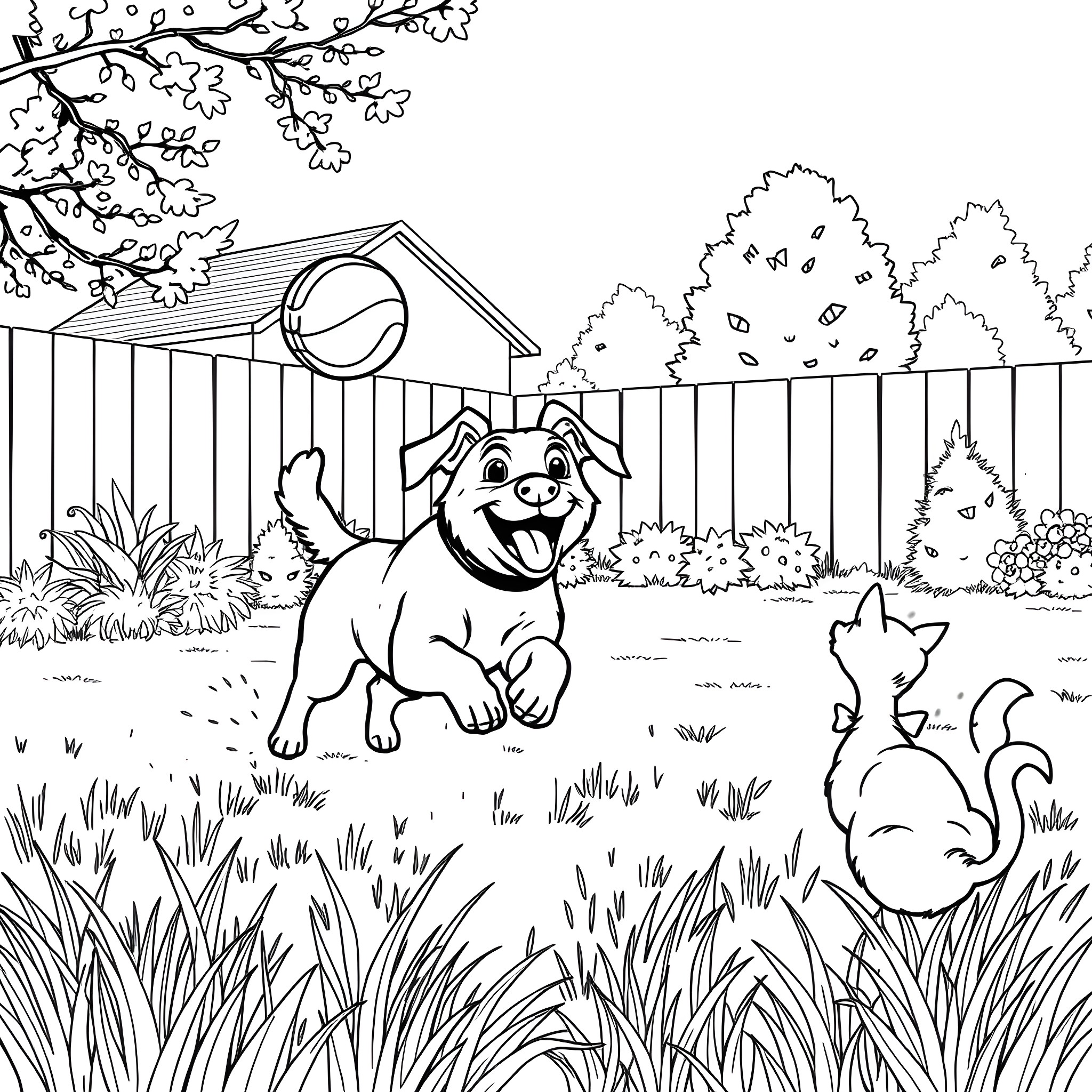 Cat Playing Happily in the Backyard Coloring Page (free black-and-white line drawing printable PDF for all, from beginners to advanced learners, including children, teens, adults, and seniors)