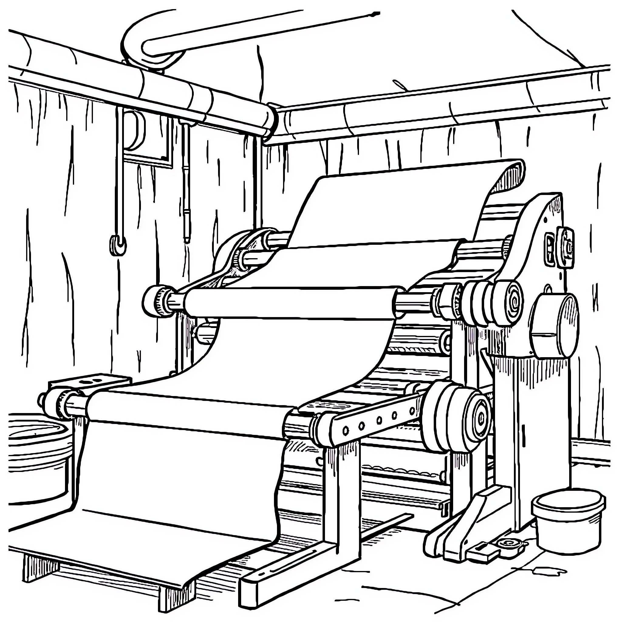 Paper Machine Processing Rolls of Material Coloring Page (free black-and-white line drawing printable PDF for all, from beginners to advanced learners, including children, teens, adults, and seniors)