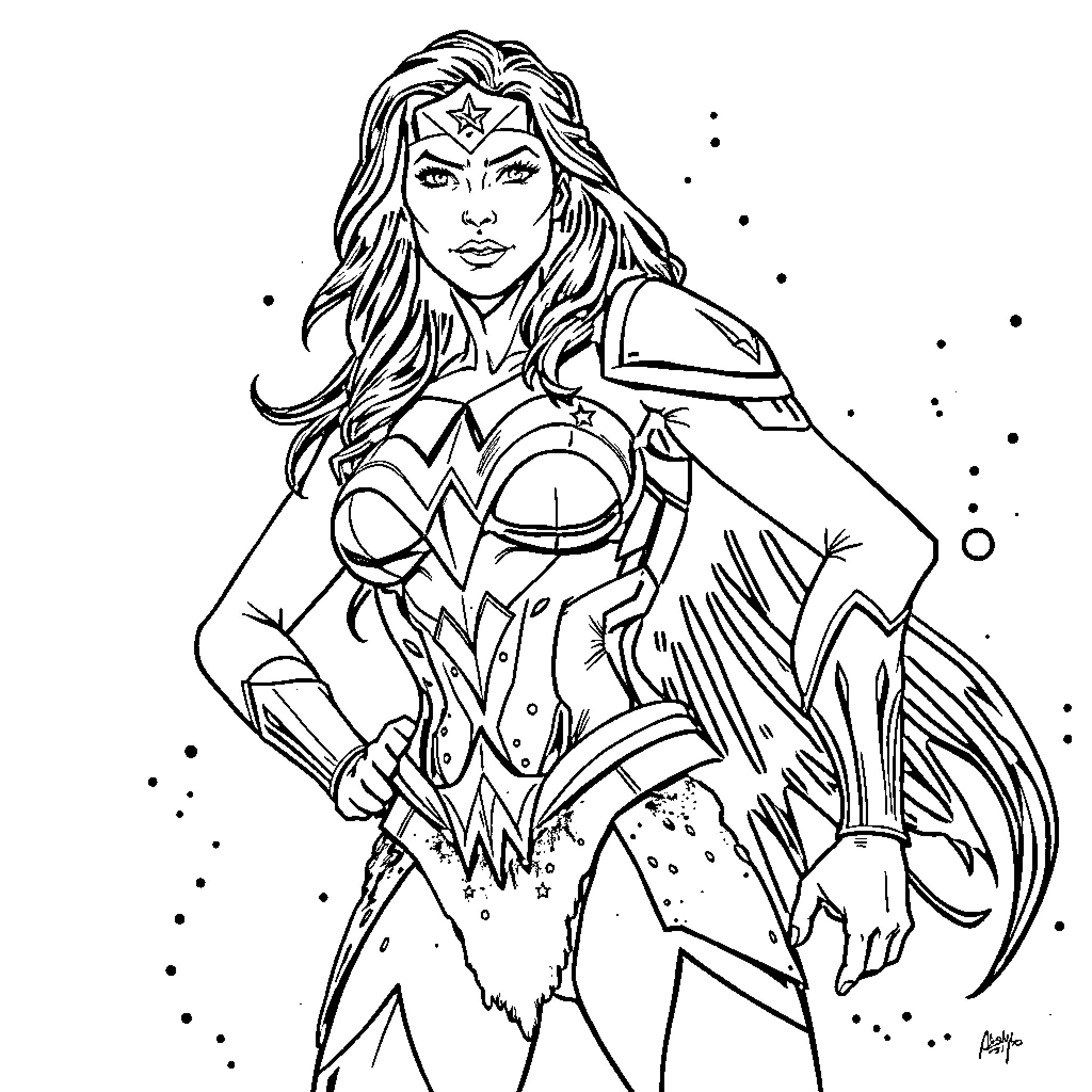 Wonder Woman in Heroic Pose Coloring Page (free black-and-white line drawing printable PDF for all, from beginners to advanced learners, including children, teens, adults, and seniors)