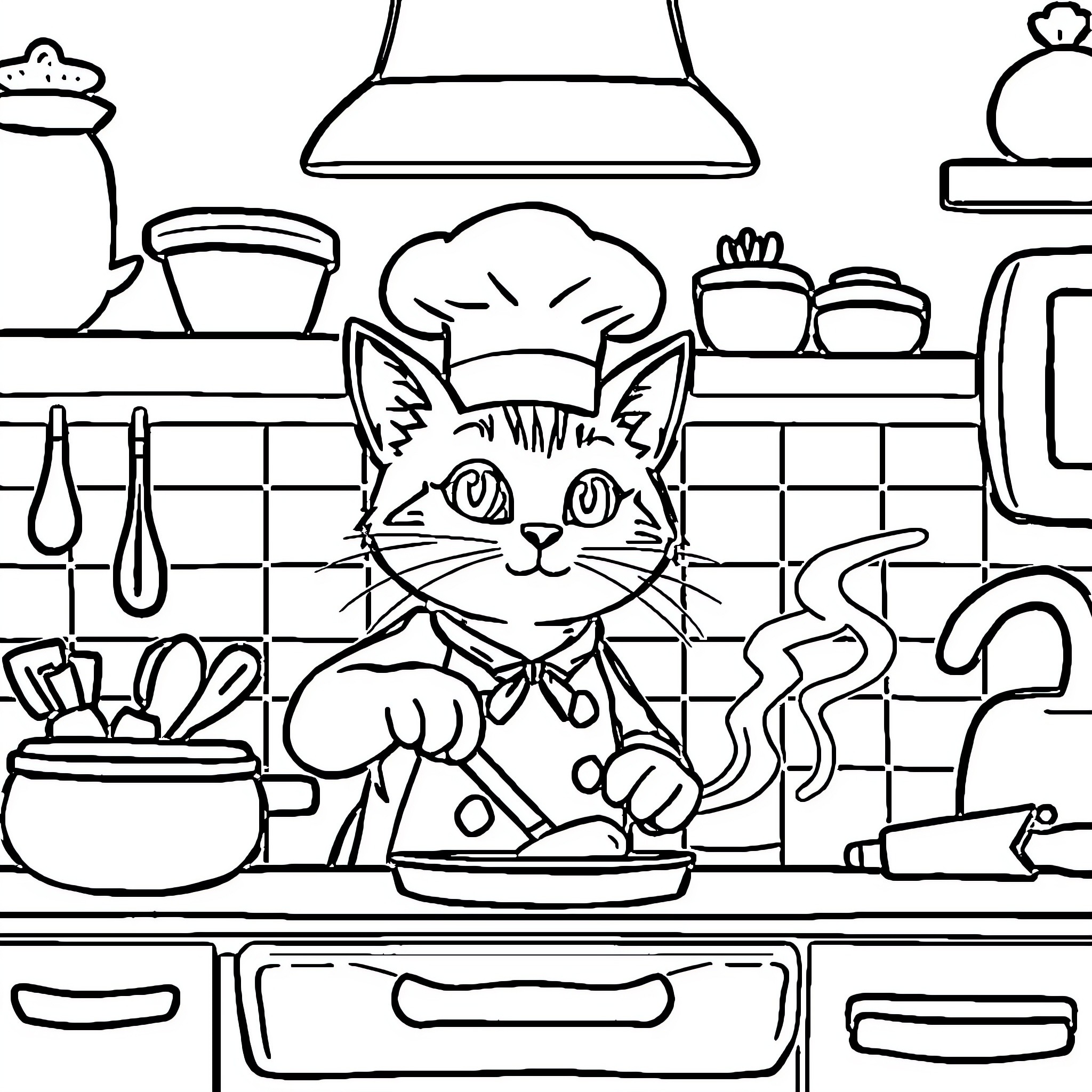 Kitten cooking in the kitchen Coloring Page (free black-and-white line drawing printable PDF for all, from beginners to advanced learners, including children, teens, adults, and seniors)
