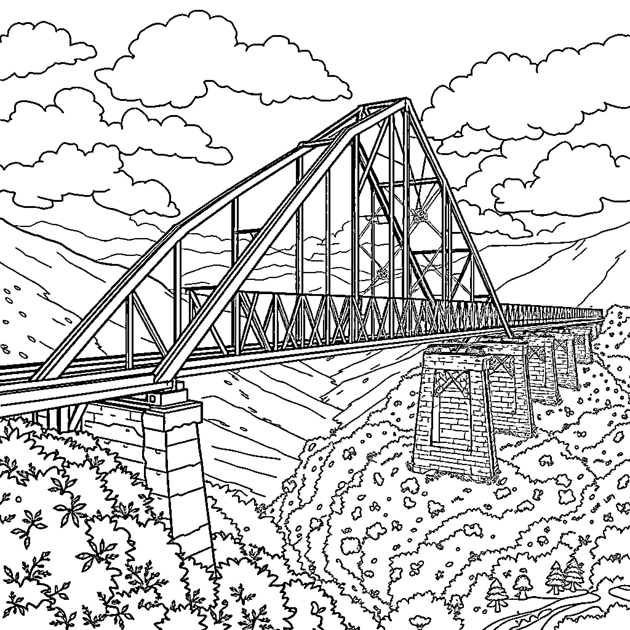 Train Crossing Over Bridge in Scenic Landscape Coloring Page (free black-and-white line drawing printable PDF for all, from beginners to advanced learners, including children, teens, adults, and seniors)