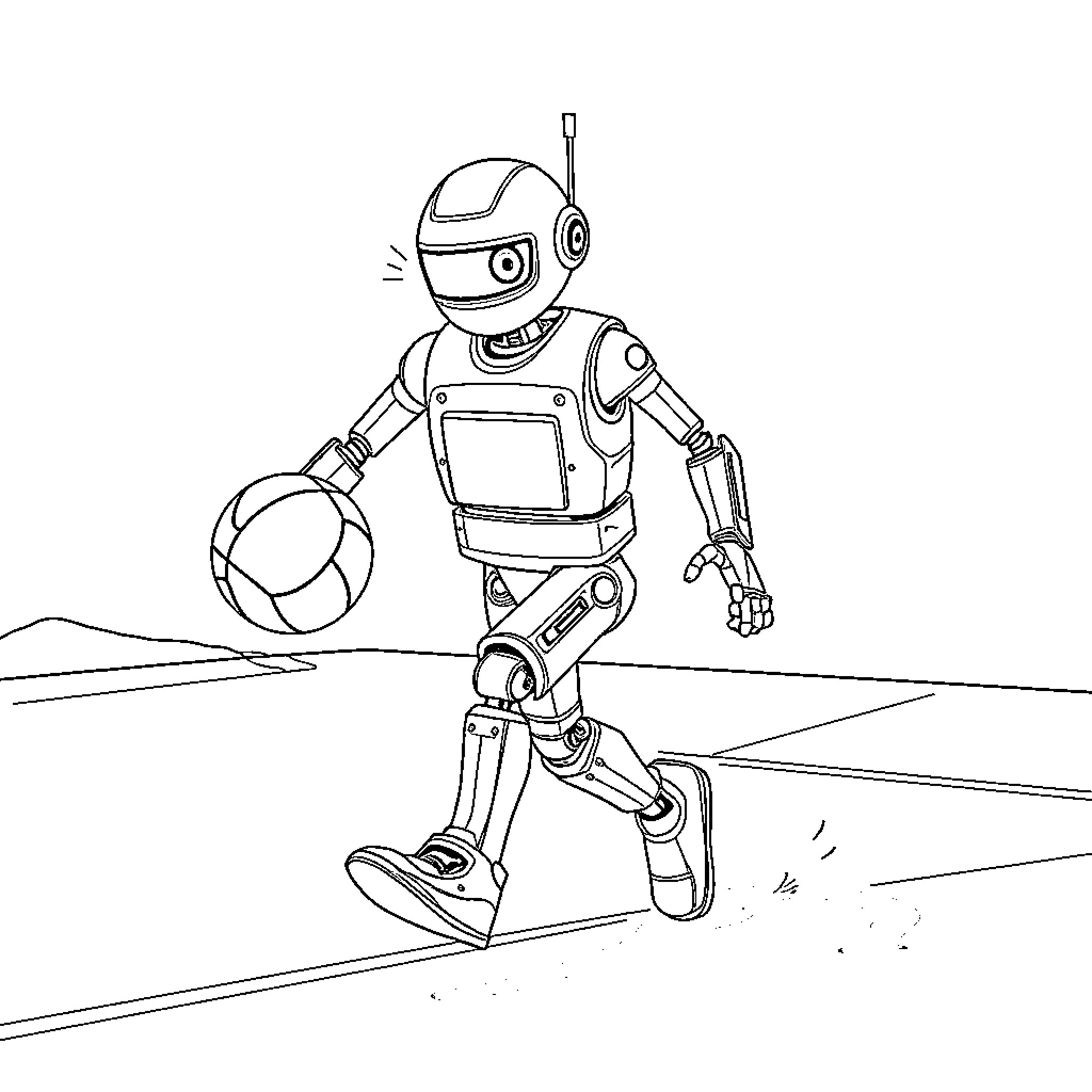 Robot exploring the terrain with a ball Coloring Page (free black-and-white line drawing printable PDF for all, from beginners to advanced learners, including children, teens, adults, and seniors)