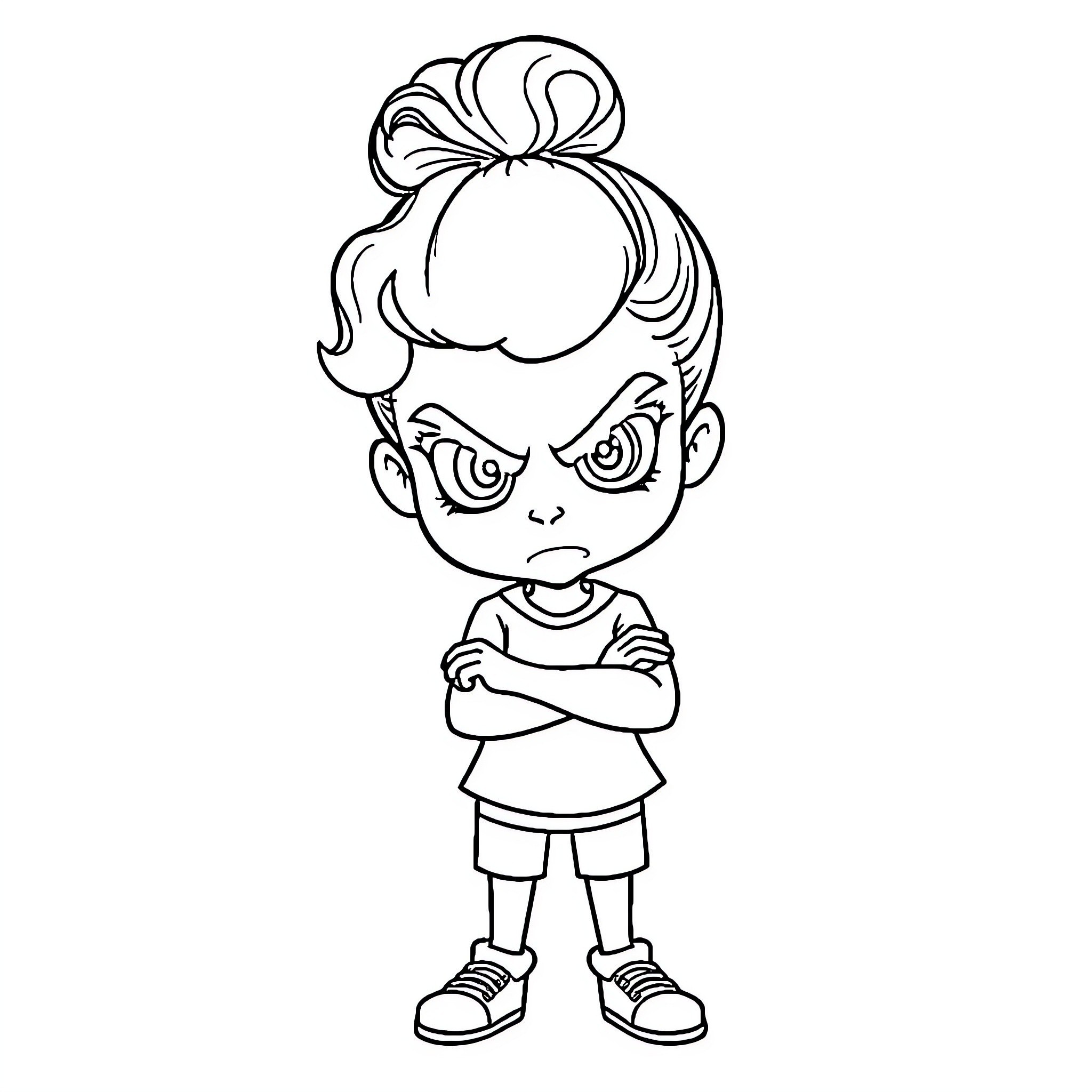 Girl with arms crossed and frowning expression Coloring Page (free black-and-white line drawing printable PDF for all, from beginners to advanced learners, including children, teens, adults, and seniors)