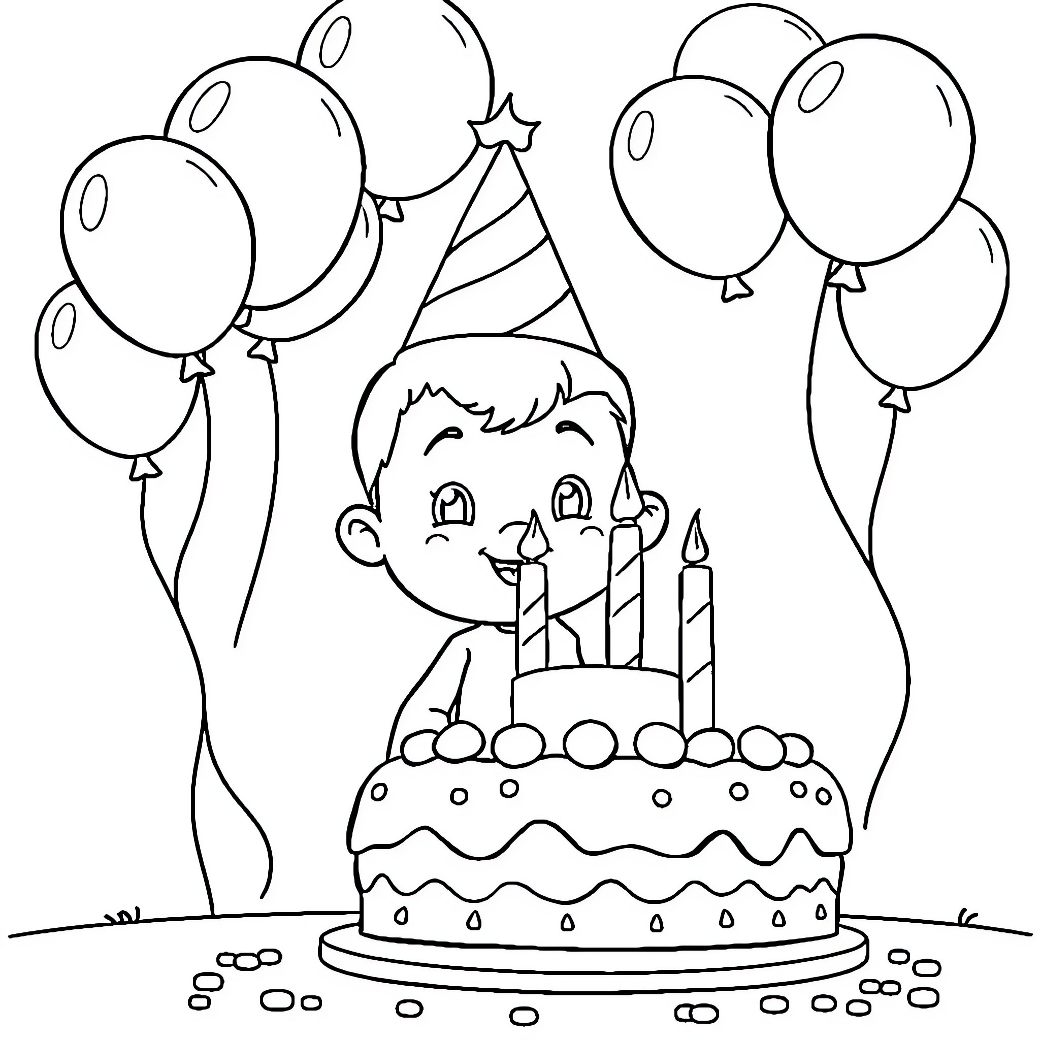 Pocoyo celebrates birthday with cake and balloons Coloring Page (free black-and-white line drawing printable PDF for all, from beginners to advanced learners, including children, teens, adults, and seniors)