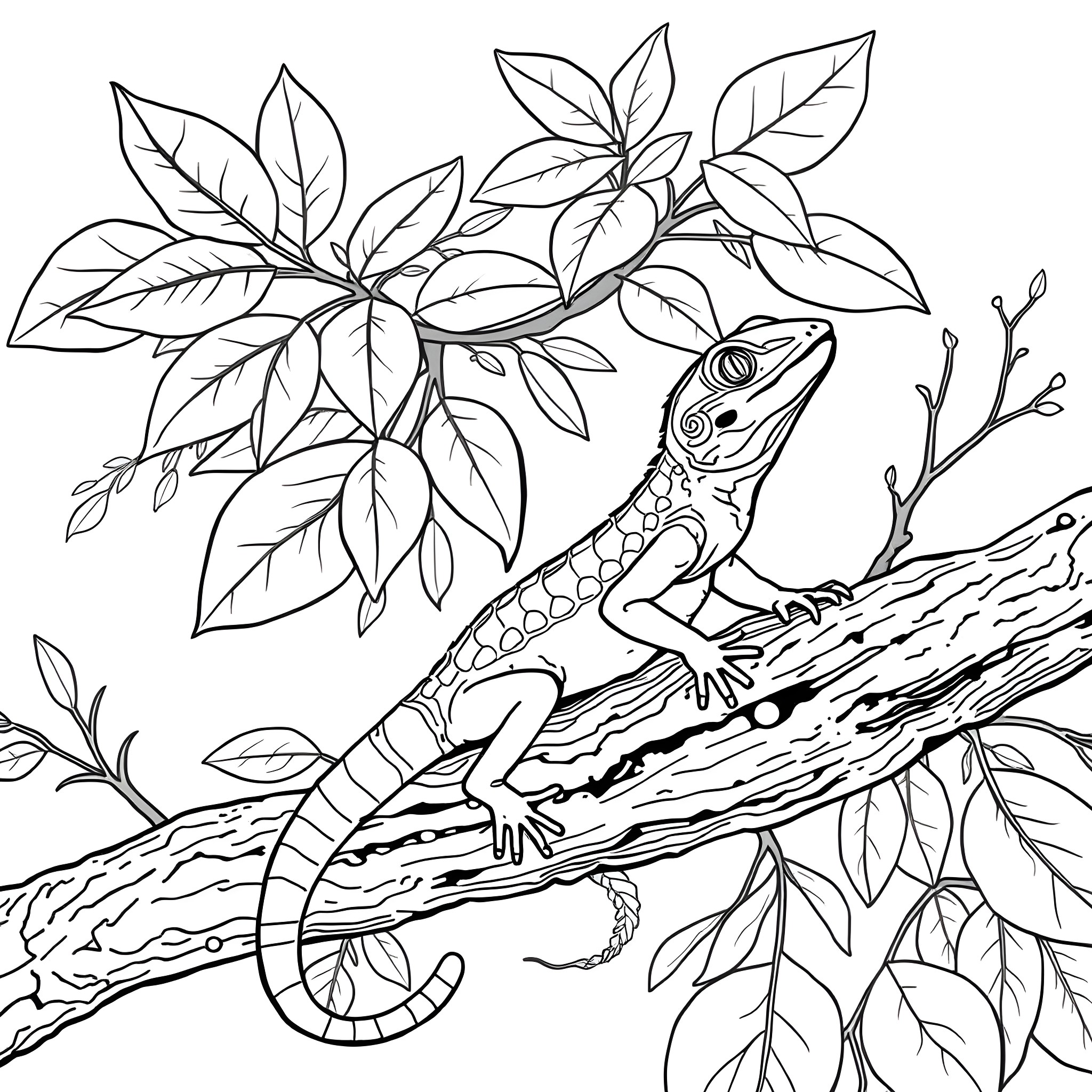 Emerald Tree Skink exploring lush vegetation Coloring Page (free black-and-white line drawing printable PDF for all, from beginners to advanced learners, including children, teens, adults, and seniors)