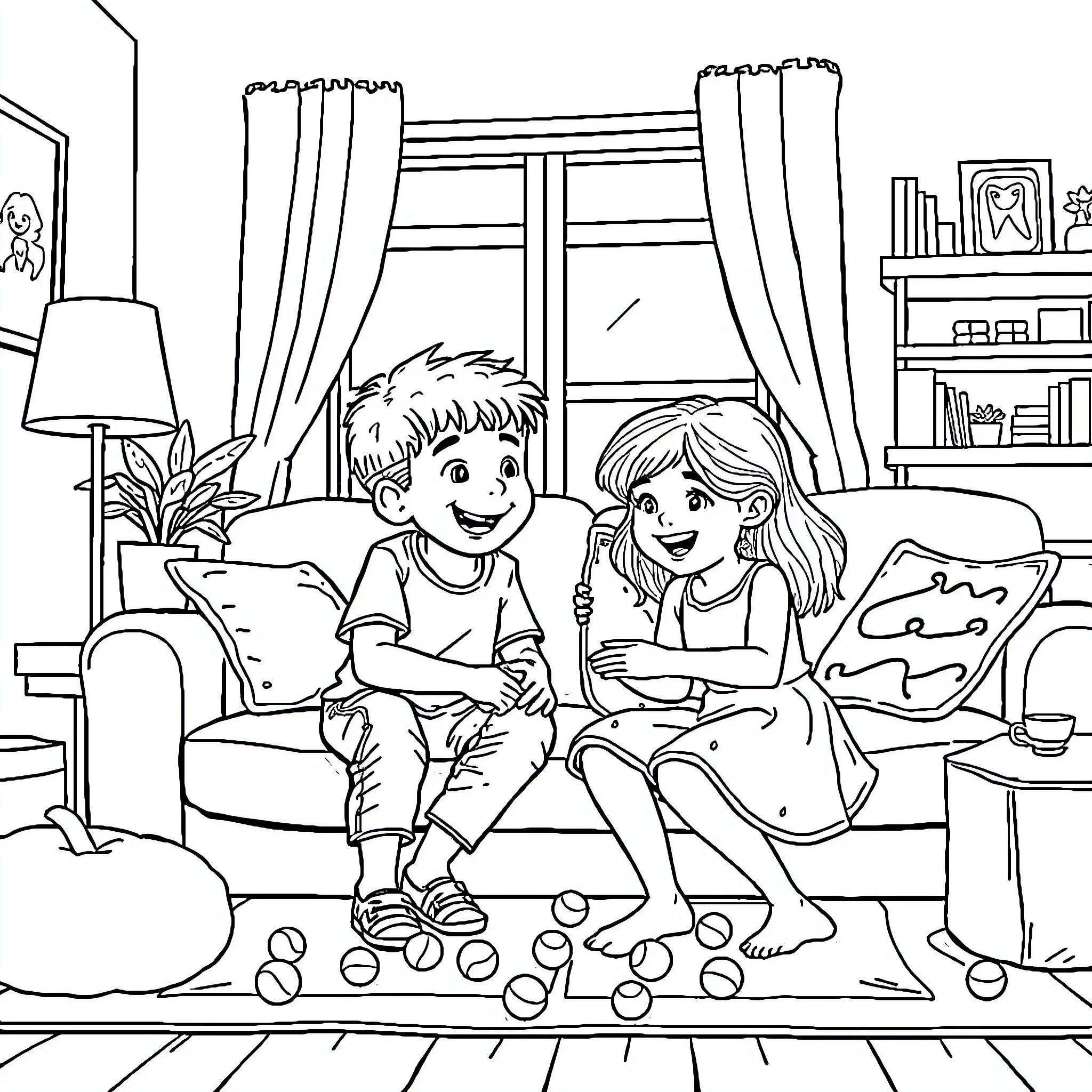 Sibling Bonding: Children Enjoying Quality Time Together Coloring Page (free black-and-white line drawing printable PDF for all, from beginners to advanced learners, including children, teens, adults, and seniors)