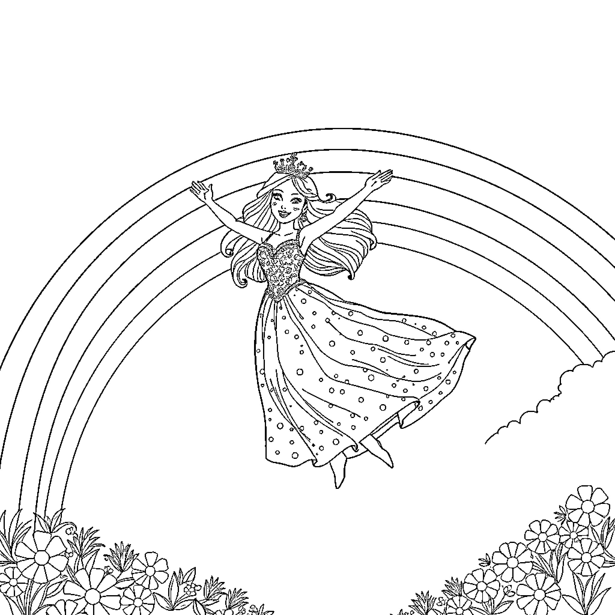 Princess Dancing With Rainbow Backdrop Coloring Page (free black-and-white line drawing printable PDF for all, from beginners to advanced learners, including children, teens, adults, and seniors)