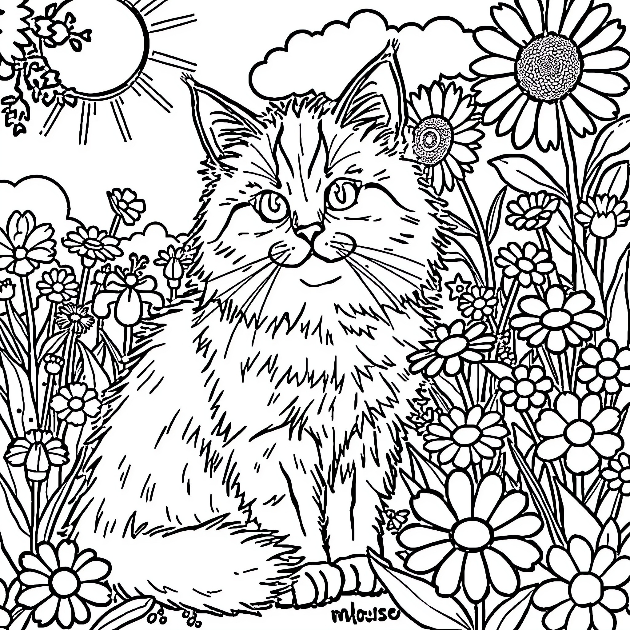 Cat in a Whimsical Floral Garden Coloring Page (free black-and-white line drawing printable PDF for all, from beginners to advanced learners, including children, teens, adults, and seniors)