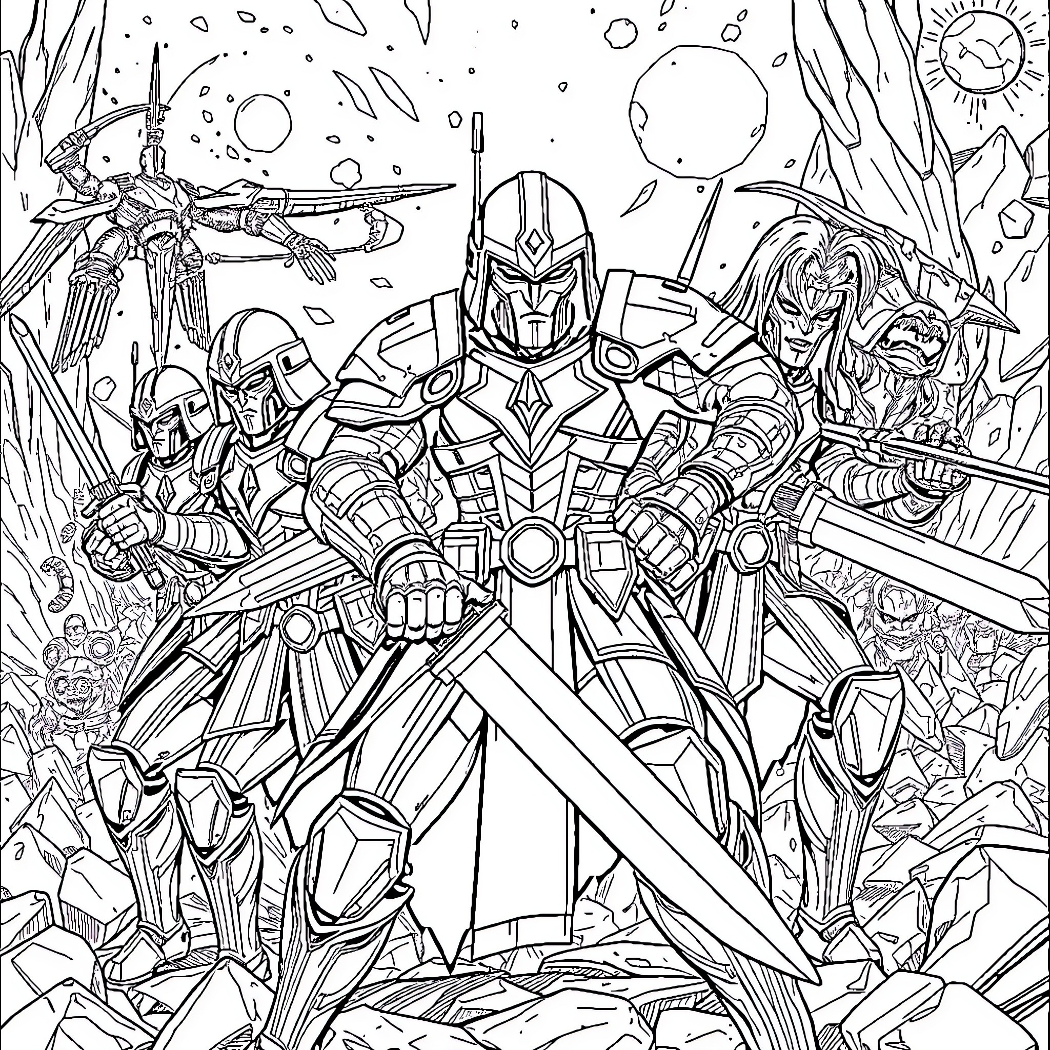 Warframe Heroes in Action-Packed Sci-Fi Scene Coloring Page (free black-and-white line drawing printable PDF for all, from beginners to advanced learners, including children, teens, adults, and seniors)