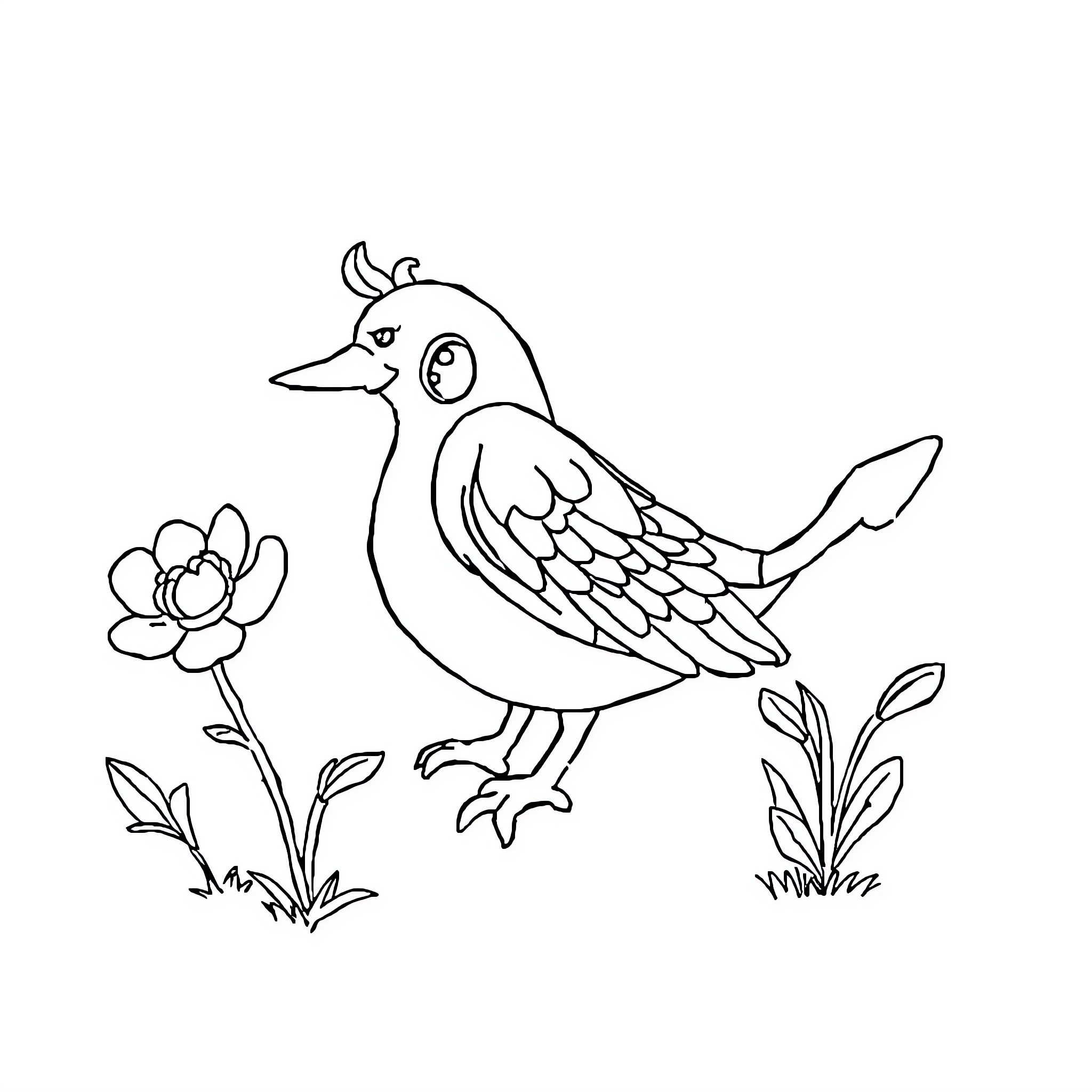 Book of a Curious Bird in a Flowery Field Coloring Page (free black-and-white line drawing printable PDF for all, from beginners to advanced learners, including children, teens, adults, and seniors)