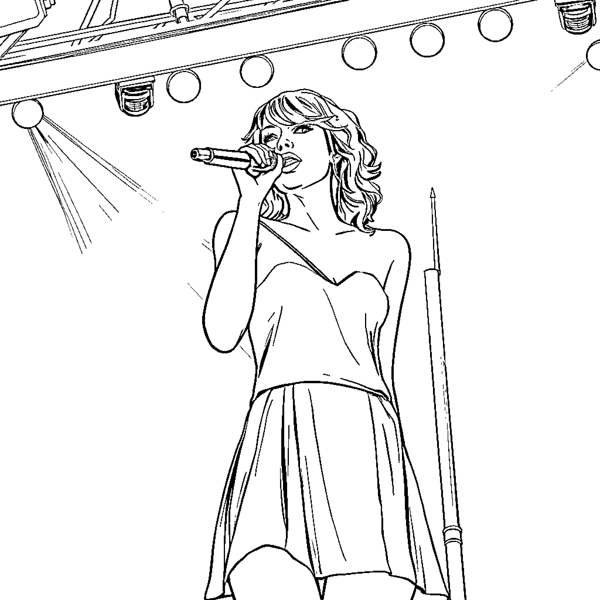Taylor Swift performing on stage Coloring Page (free black-and-white line drawing printable PDF for all, from beginners to advanced learners, including children, teens, adults, and seniors)