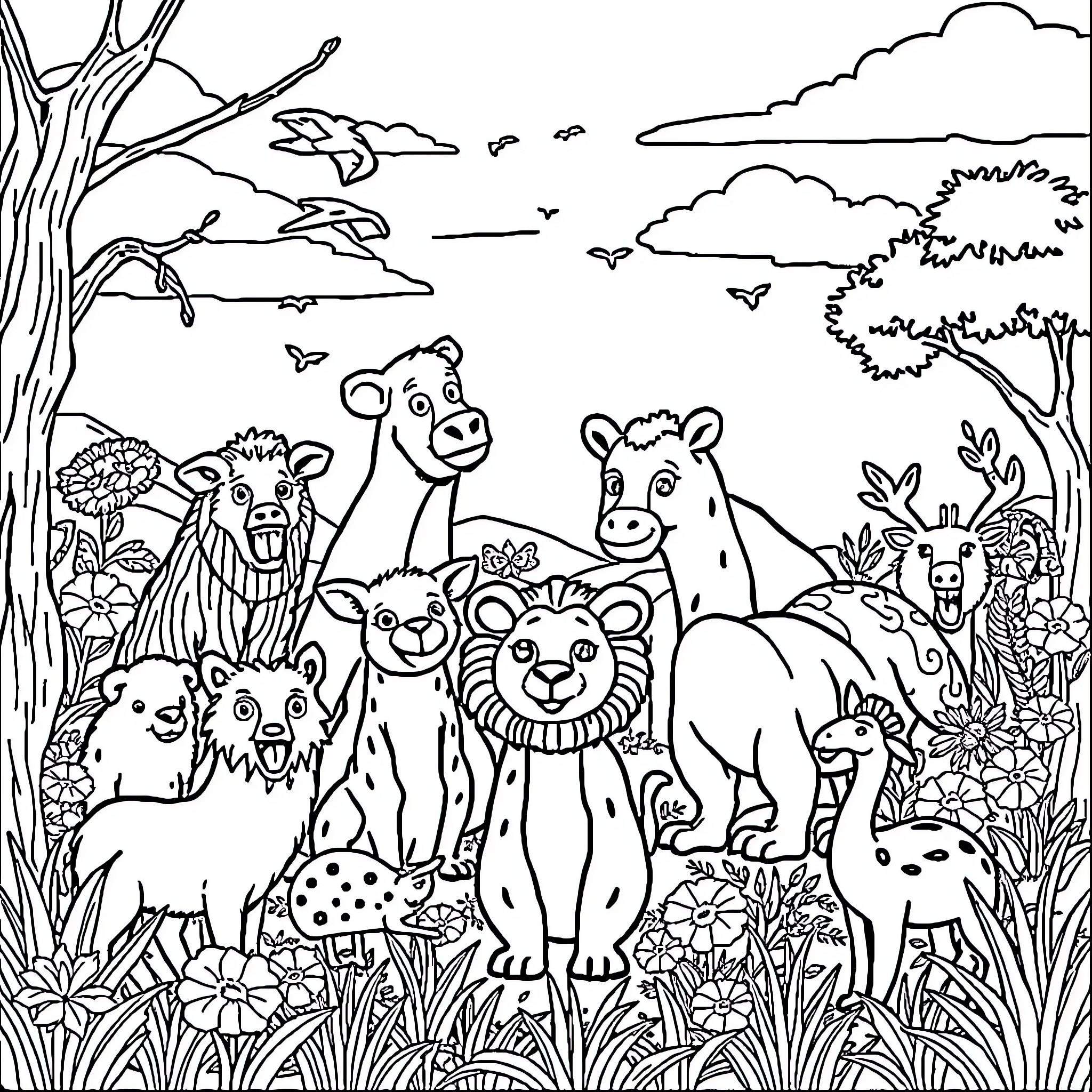Animal friends enjoying a peaceful day in the wild Coloring Page (free black-and-white line drawing printable PDF for all, from beginners to advanced learners, including children, teens, adults, and seniors)