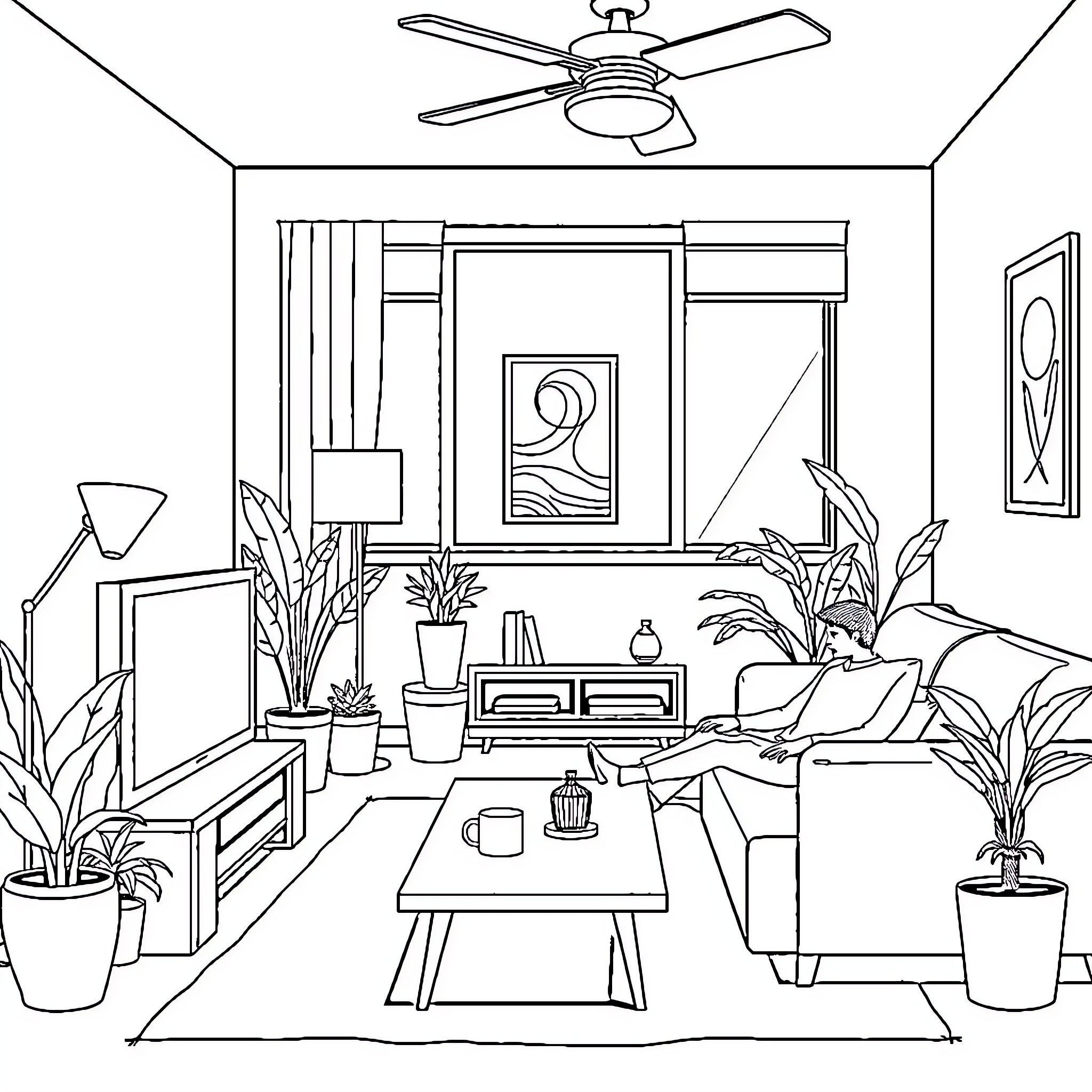 Living Room with Cozy Furnishings and Decor Coloring Page (free black-and-white line drawing printable PDF for all, from beginners to advanced learners, including children, teens, adults, and seniors)