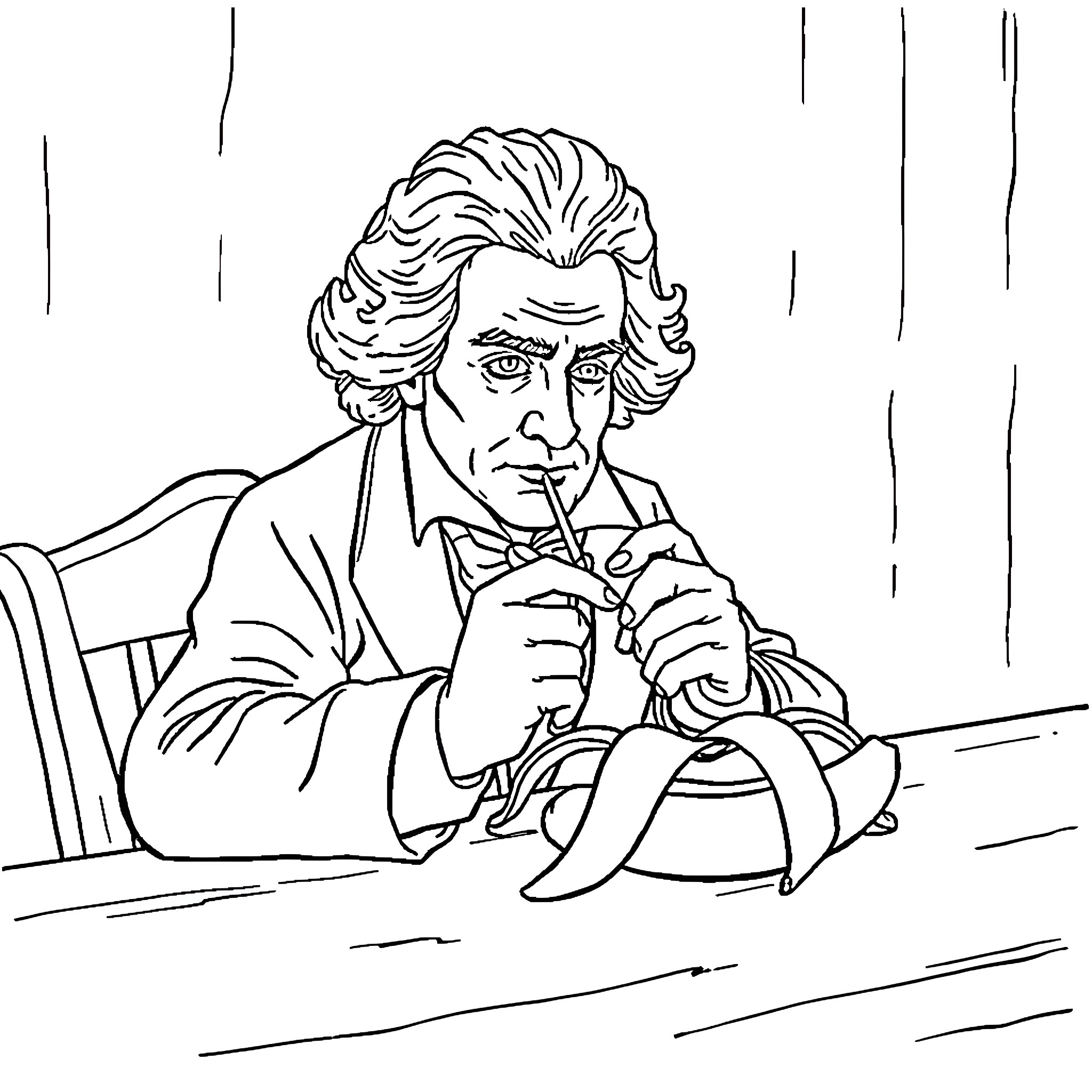 Beethoven composing music with intensity Coloring Page (free black-and-white line drawing printable PDF for all, from beginners to advanced learners, including children, teens, adults, and seniors)