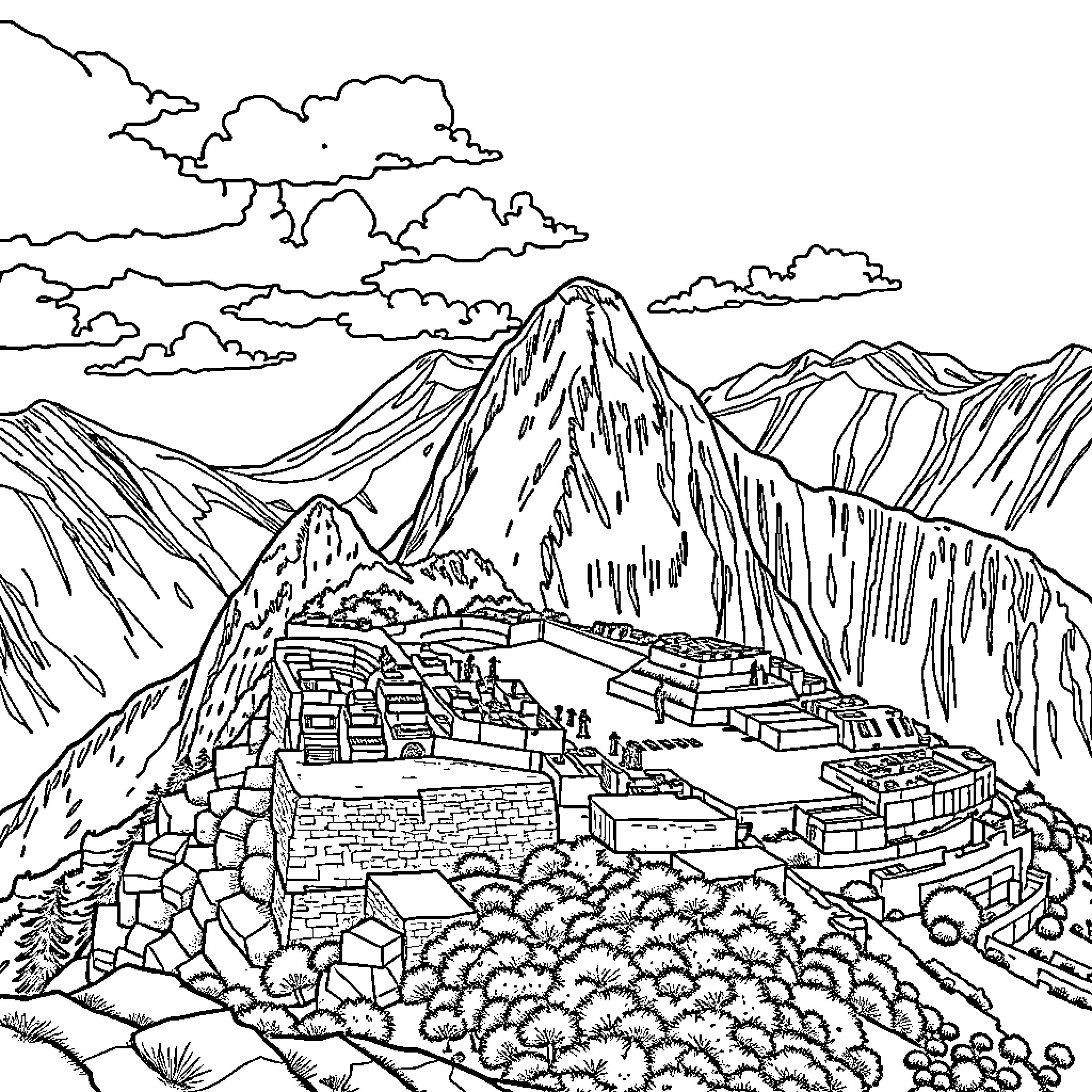 Machu Picchu ancient ruins in the Andes mountains Coloring Page (free black-and-white line drawing printable PDF for all, from beginners to advanced learners, including children, teens, adults, and seniors)