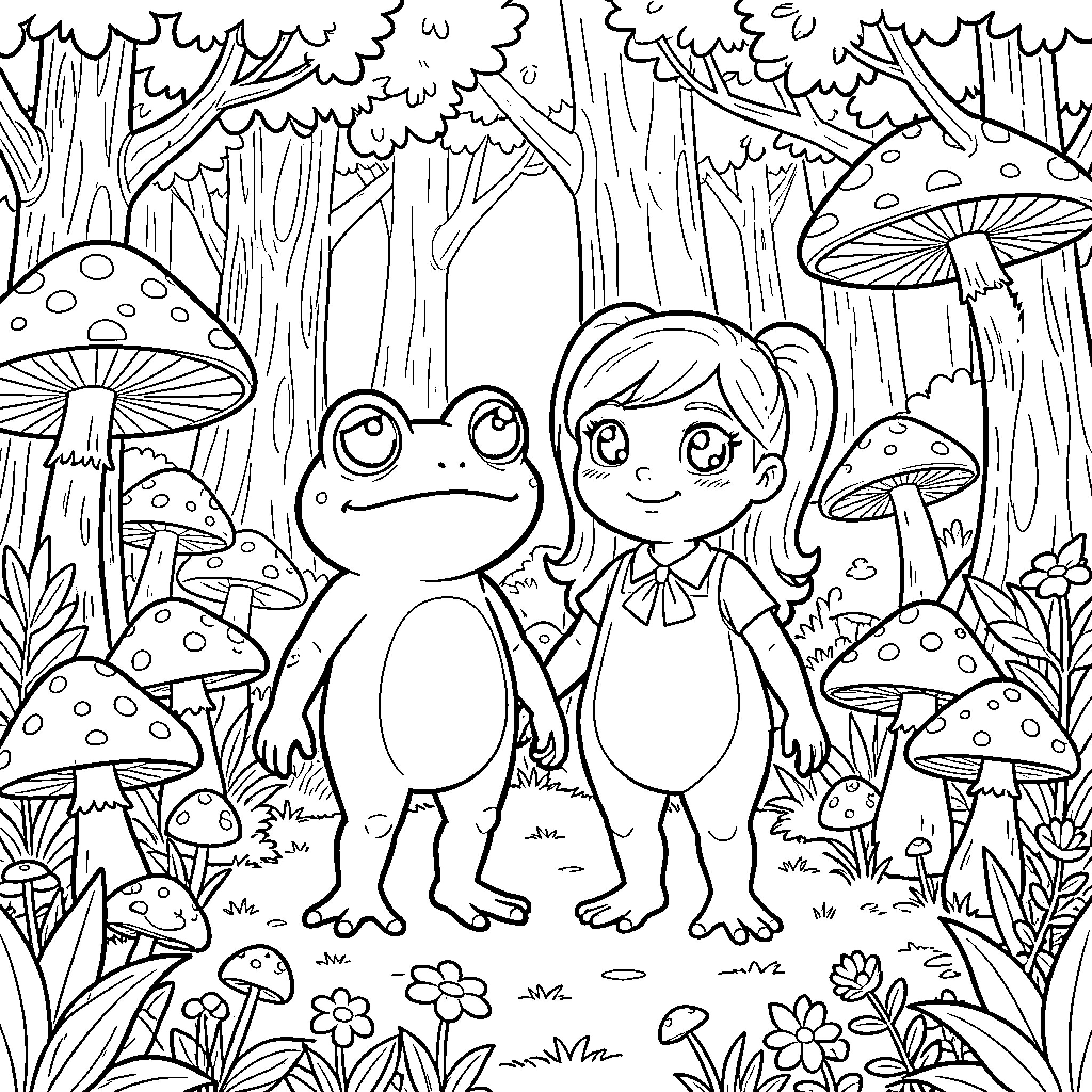 Toad companions explore the enchanted mushroom forest Coloring Page (free black-and-white line drawing printable PDF for all, from beginners to advanced learners, including children, teens, adults, and seniors)