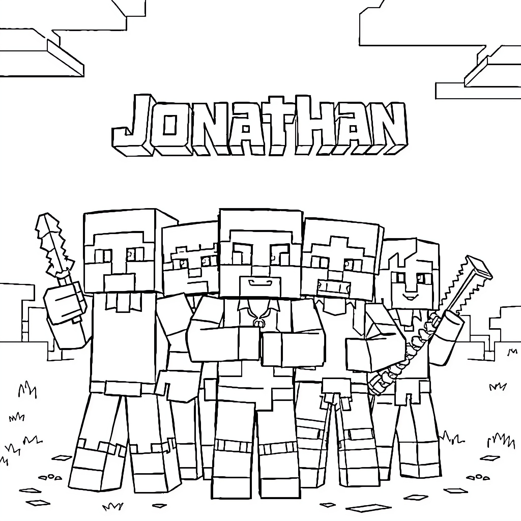 Minecraft Character Holding Instruments With Friends Coloring Page (free black-and-white line drawing printable PDF for all, from beginners to advanced learners, including children, teens, adults, and seniors)