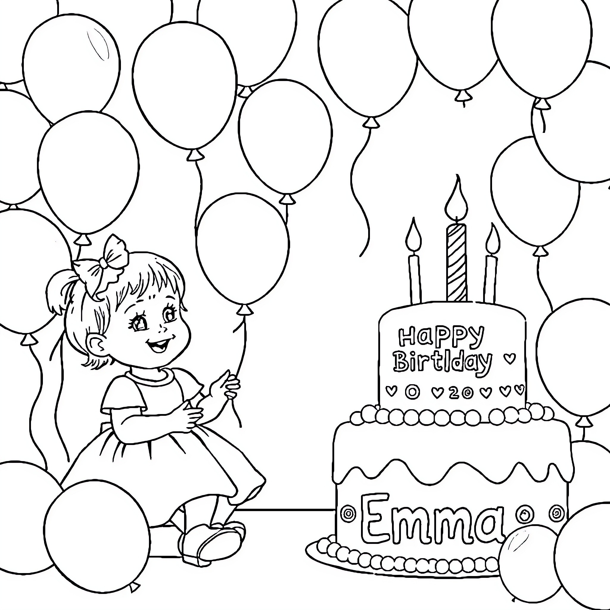 Birthday celebration with girl, cake, and balloons Coloring Page (free black-and-white line drawing printable PDF for all, from beginners to advanced learners, including children, teens, adults, and seniors)