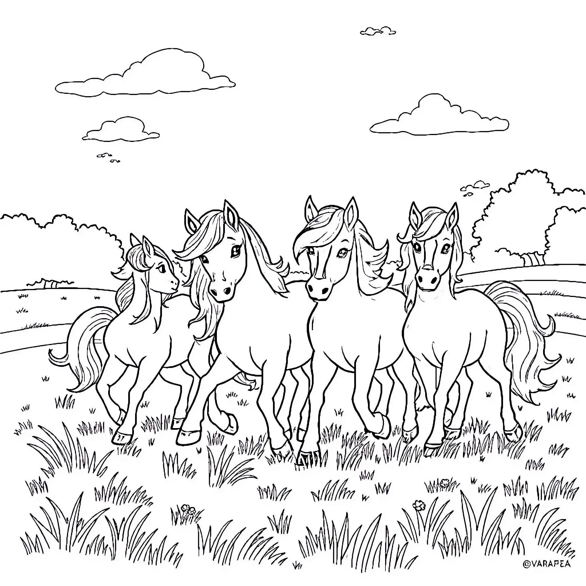 Pony herd galloping through open field Coloring Page (free black-and-white line drawing printable PDF for all, from beginners to advanced learners, including children, teens, adults, and seniors)