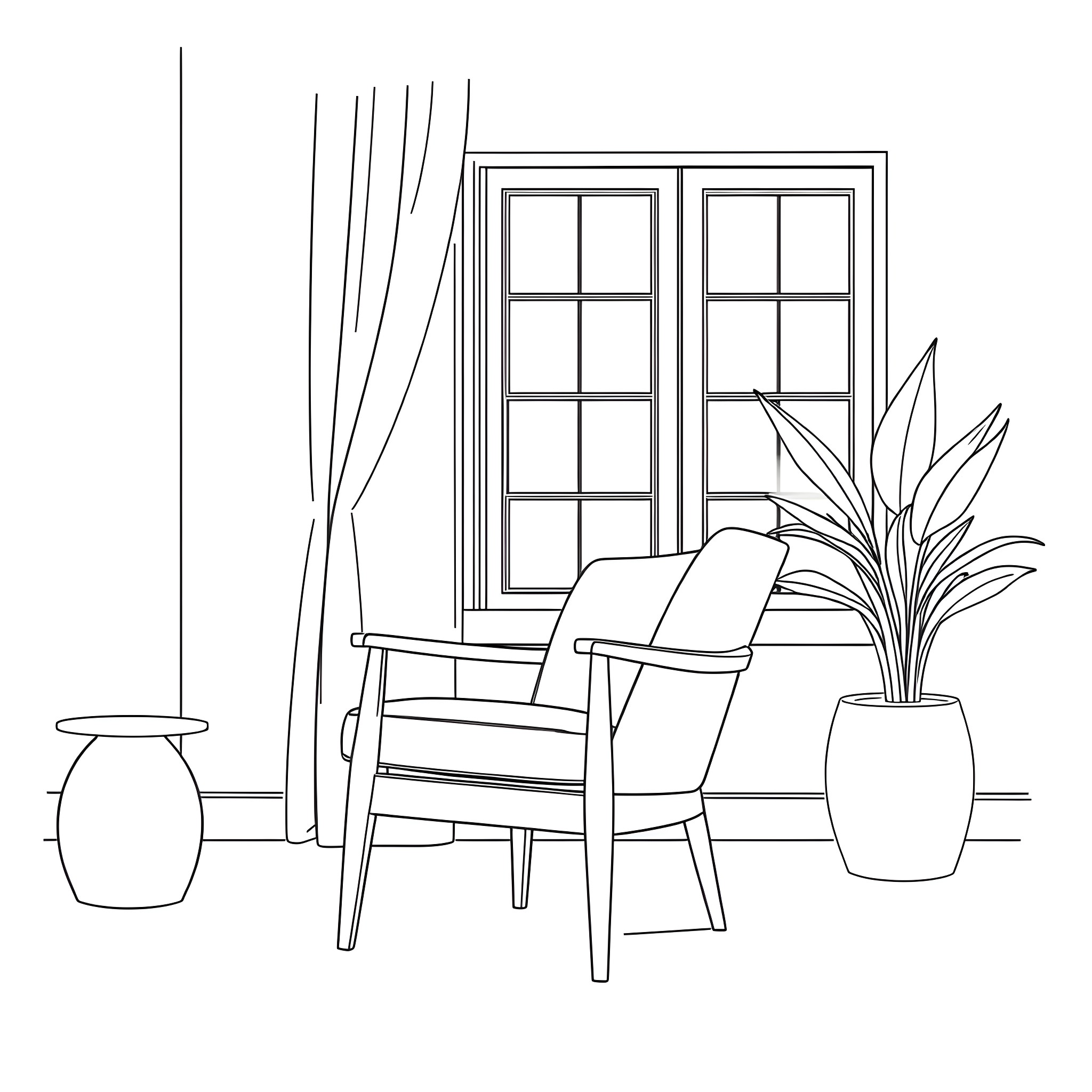Chair in cozy indoor setting with window Coloring Page (free black-and-white line drawing printable PDF for all, from beginners to advanced learners, including children, teens, adults, and seniors)