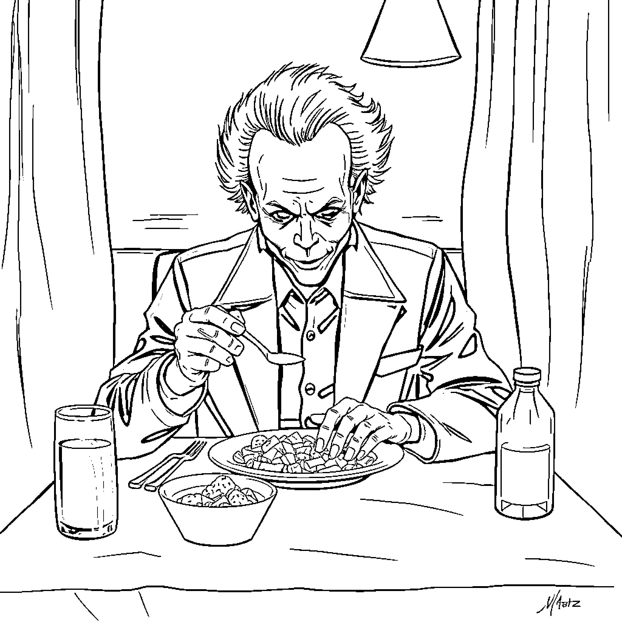 Michael Myers Enjoys a Sinister Meal Coloring Page (free black-and-white line drawing printable PDF for all, from beginners to advanced learners, including children, teens, adults, and seniors)