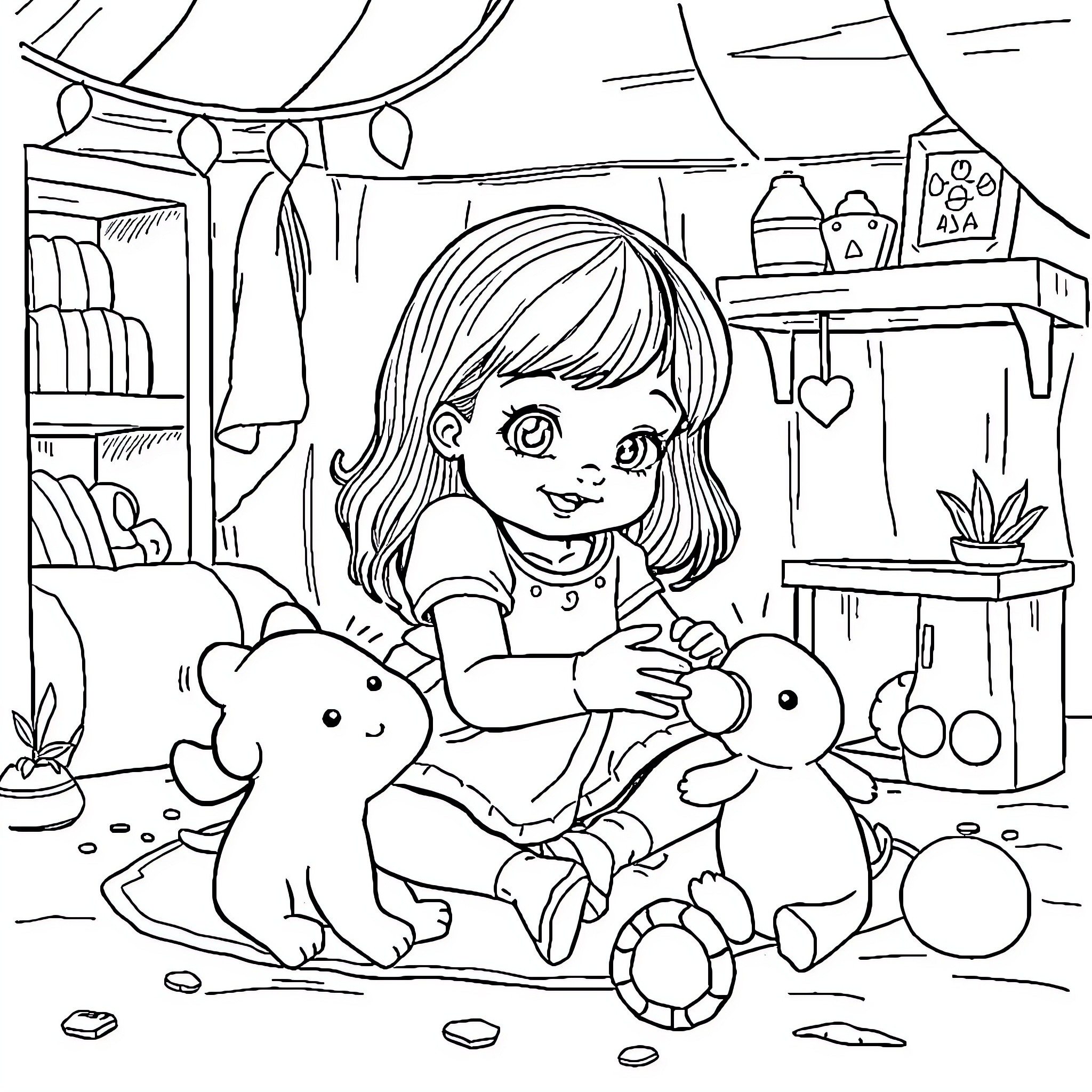 Girl playing with stuffed animals in bedroom Coloring Page (free black-and-white line drawing printable PDF for all, from beginners to advanced learners, including children, teens, adults, and seniors)
