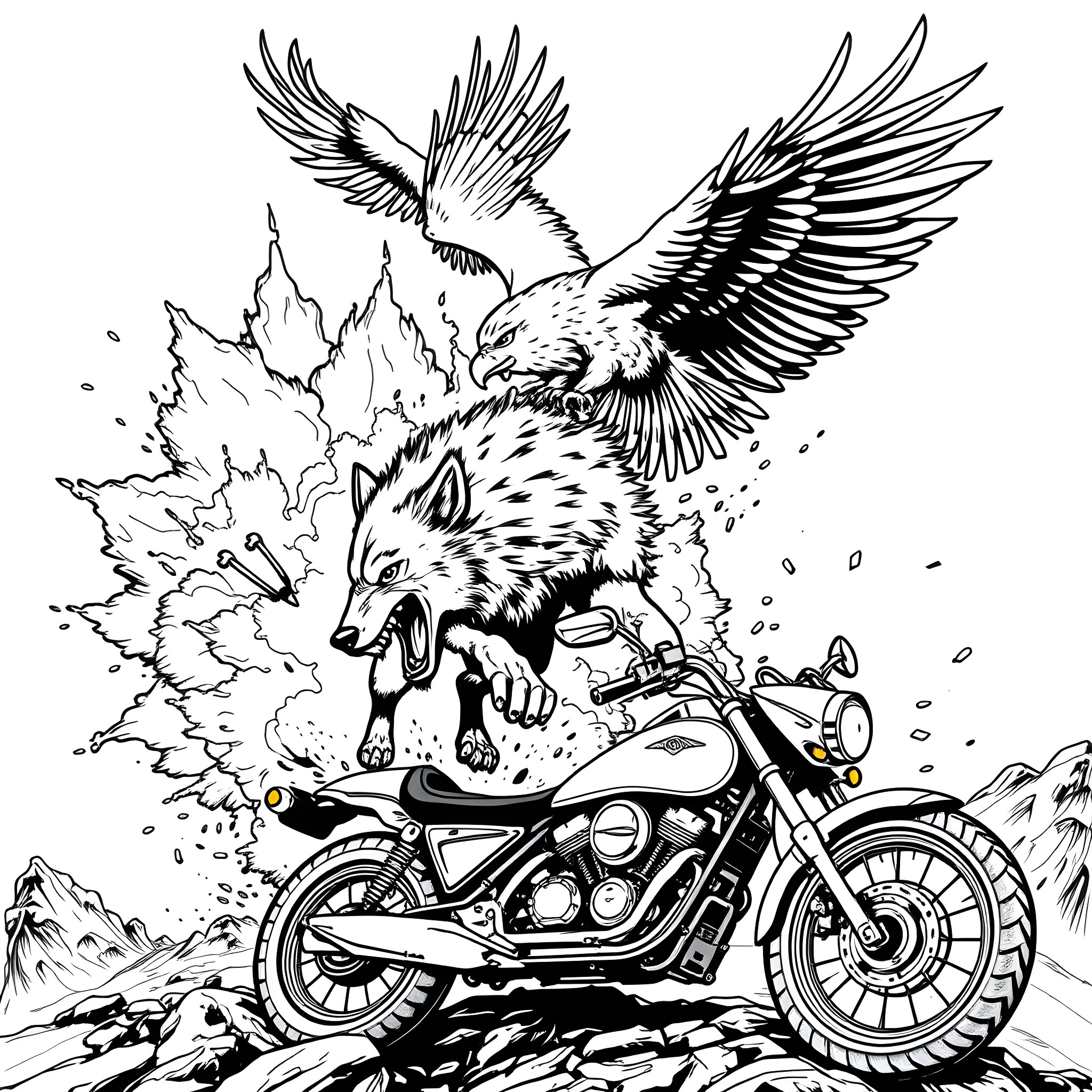 Wolf riding a motorcycle with wings in the wild Coloring Page (free black-and-white line drawing printable PDF for all, from beginners to advanced learners, including children, teens, adults, and seniors)