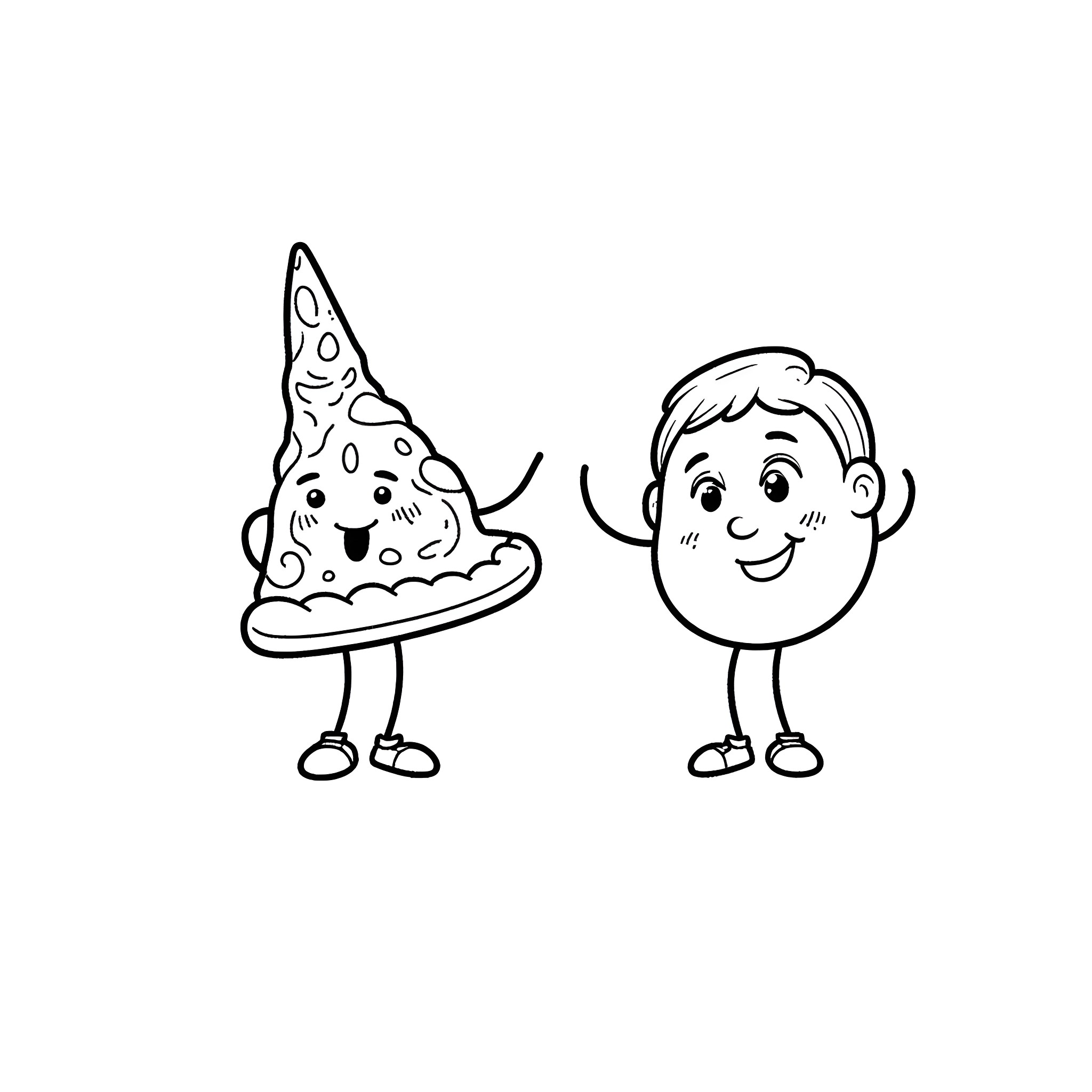 Pizza and Smiling Boy Cartoon Characters Coloring Page (free black-and-white line drawing printable PDF for all, from beginners to advanced learners, including children, teens, adults, and seniors)
