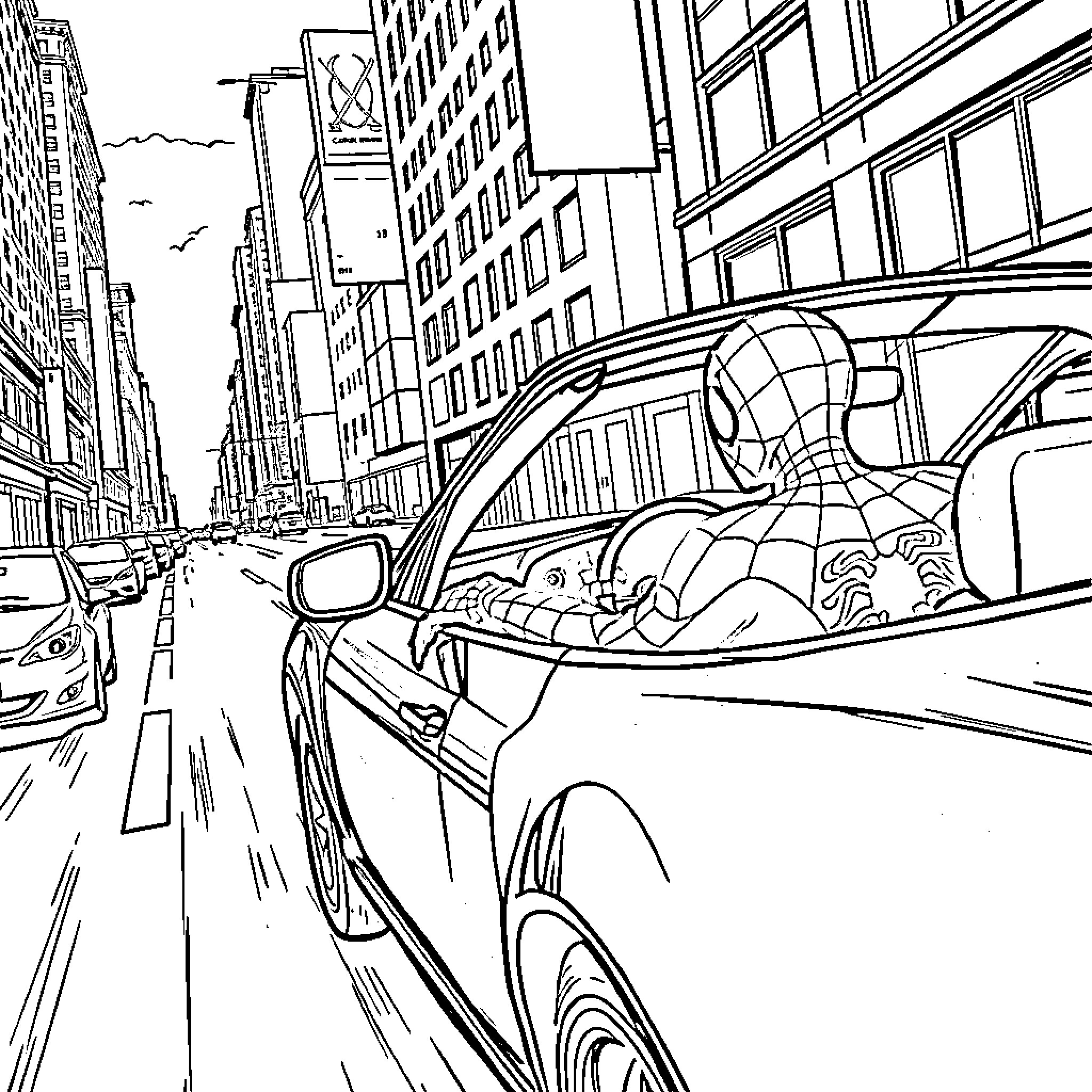 Spidey web-swinging through the city streets Coloring Page (free black-and-white line drawing printable PDF for all, from beginners to advanced learners, including children, teens, adults, and seniors)