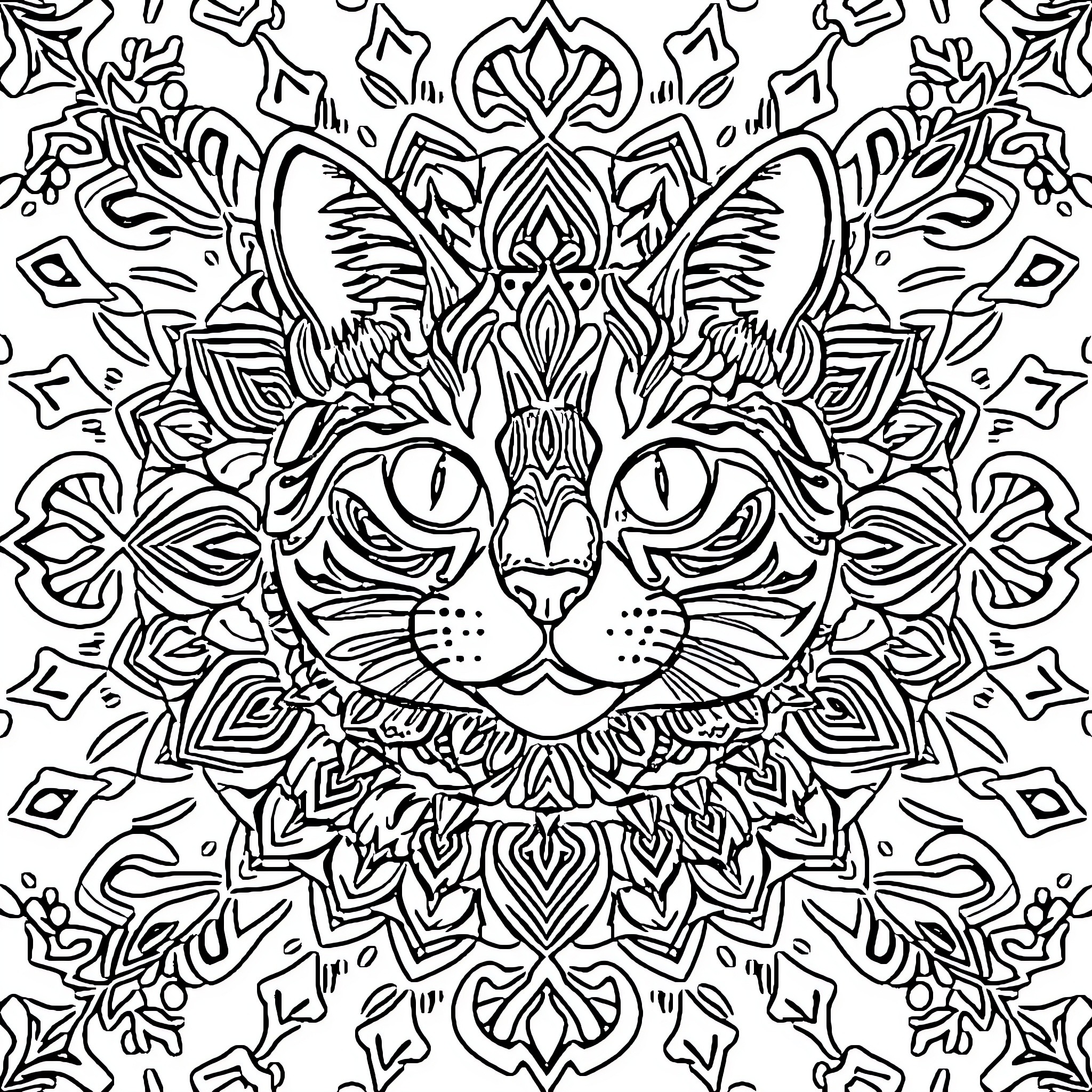 Cat with intricate mandala-style pattern Coloring Page (free black-and-white line drawing printable PDF for all, from beginners to advanced learners, including children, teens, adults, and seniors)