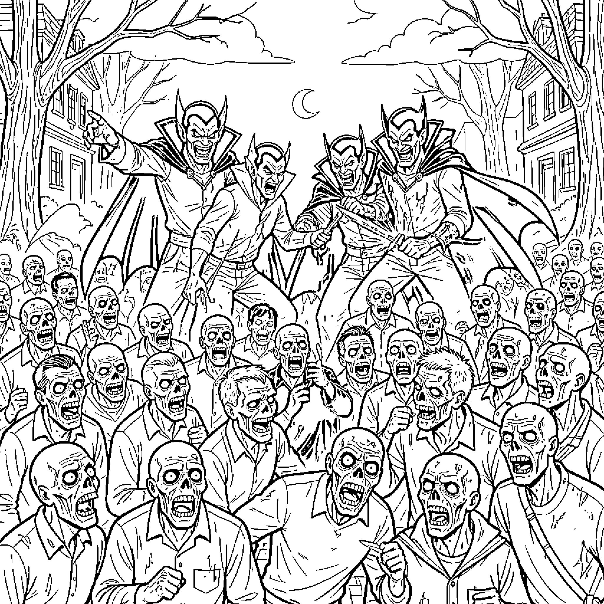 Vampire leaders commanding a large horde of zombies Coloring Page (free black-and-white line drawing printable PDF for all, from beginners to advanced learners, including children, teens, adults, and seniors)