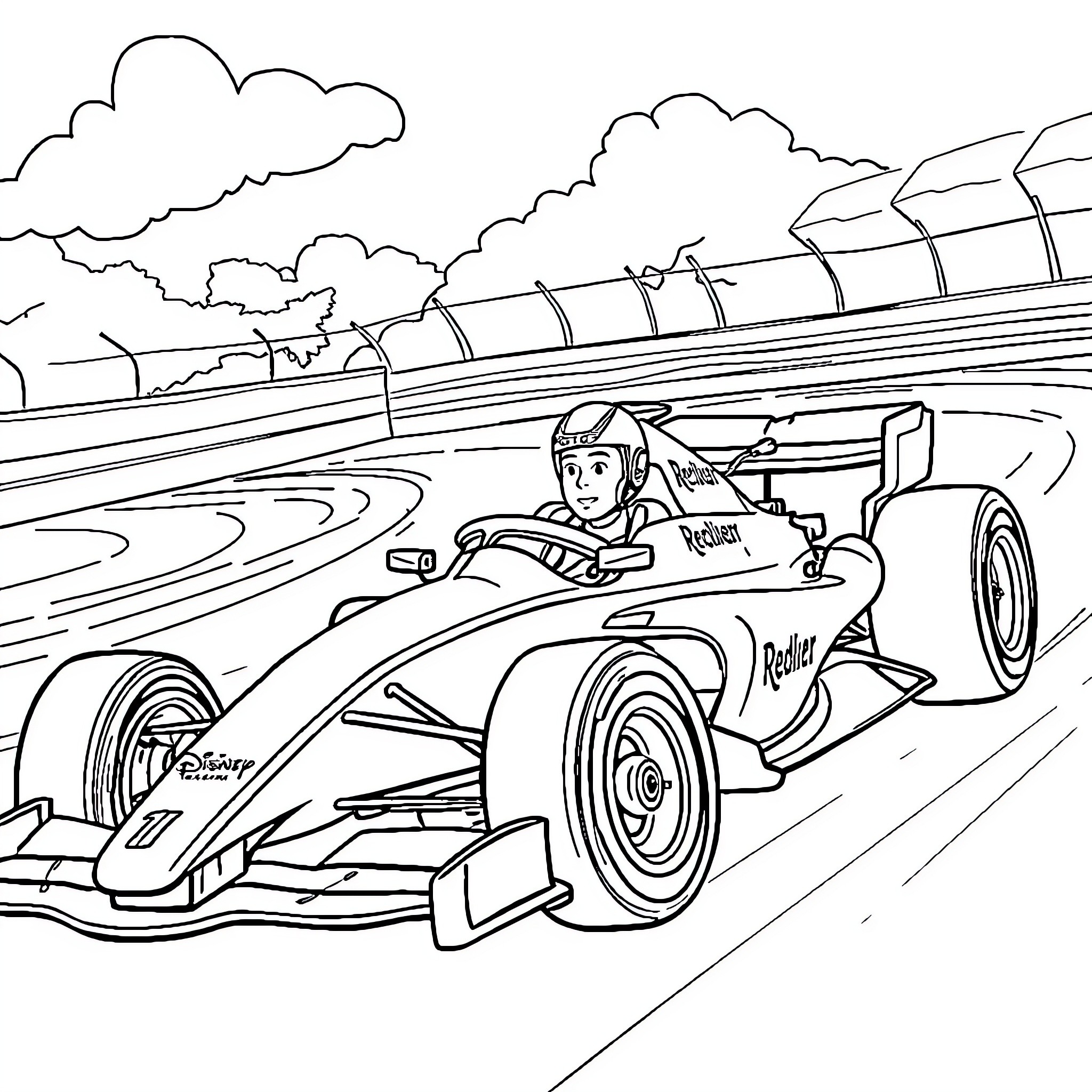 Car racing on a winding track with cloudy sky Coloring Page (free black-and-white line drawing printable PDF for all, from beginners to advanced learners, including children, teens, adults, and seniors)