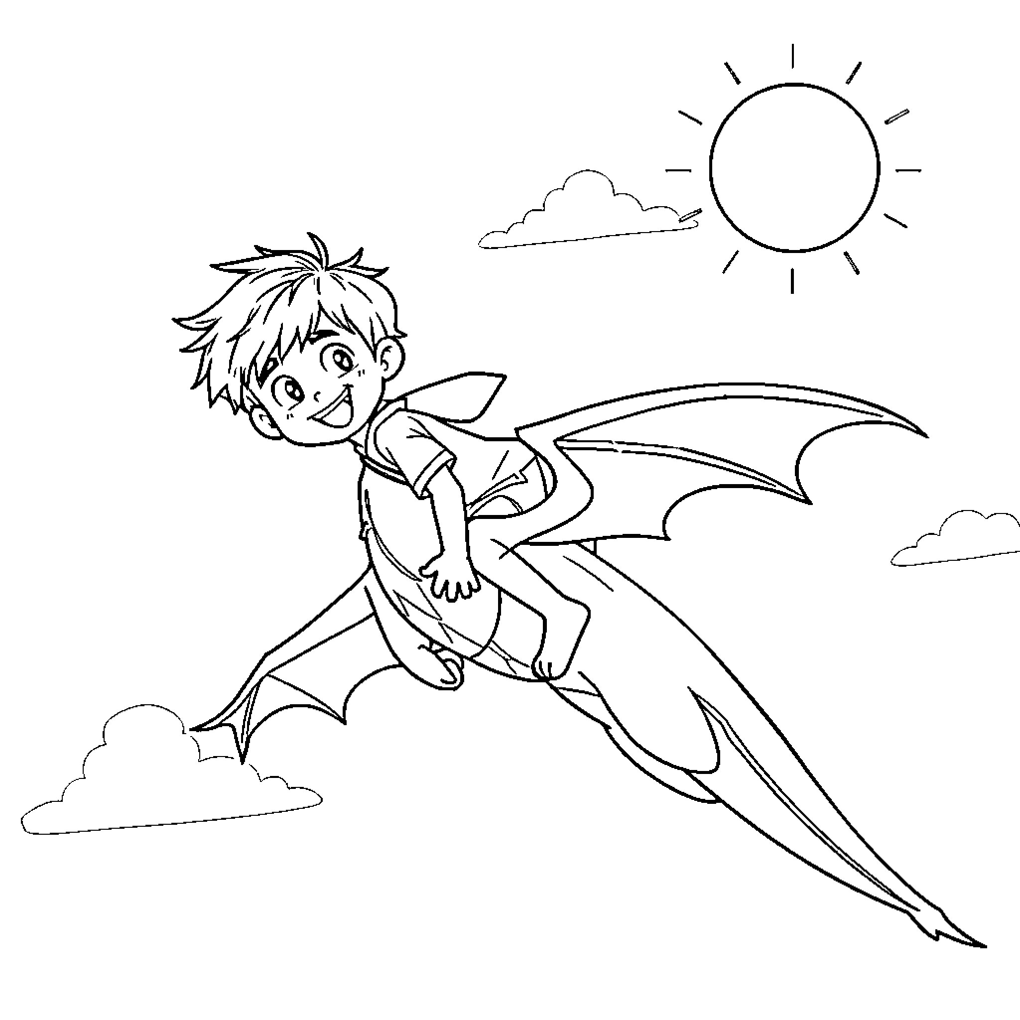 Boy flying with wings in the sky Coloring Page (free black-and-white line drawing printable PDF for all, from beginners to advanced learners, including children, teens, adults, and seniors)