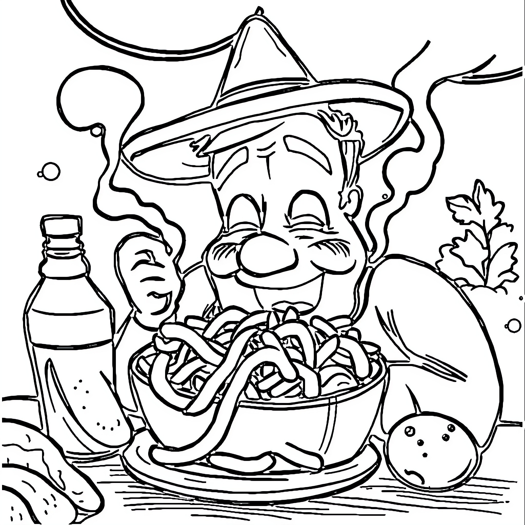 Brain of a Mexican chef cooking spicy food Coloring Page (free black-and-white line drawing printable PDF for all, from beginners to advanced learners, including children, teens, adults, and seniors)