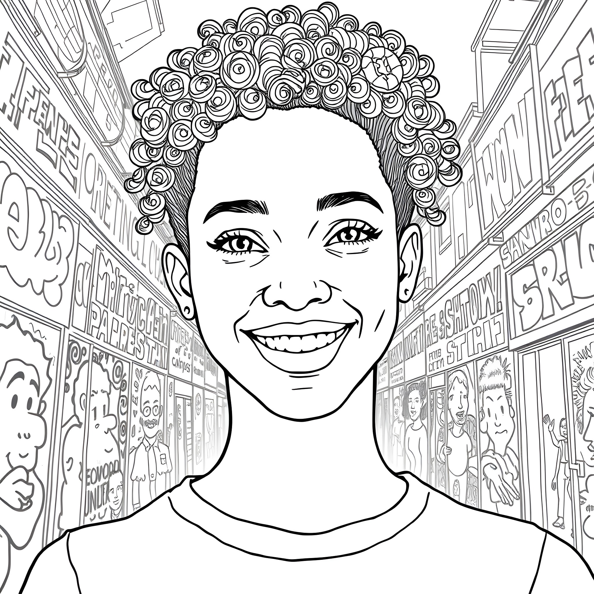 Person with curly hair smiling in urban setting Coloring Page (free black-and-white line drawing printable PDF for all, from beginners to advanced learners, including children, teens, adults, and seniors)