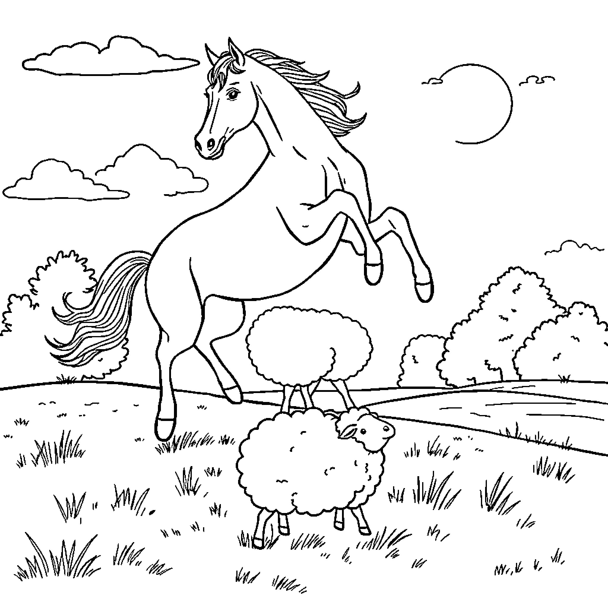 Horse galloping through pastoral scene with sheep Coloring Page (free black-and-white line drawing printable PDF for all, from beginners to advanced learners, including children, teens, adults, and seniors)