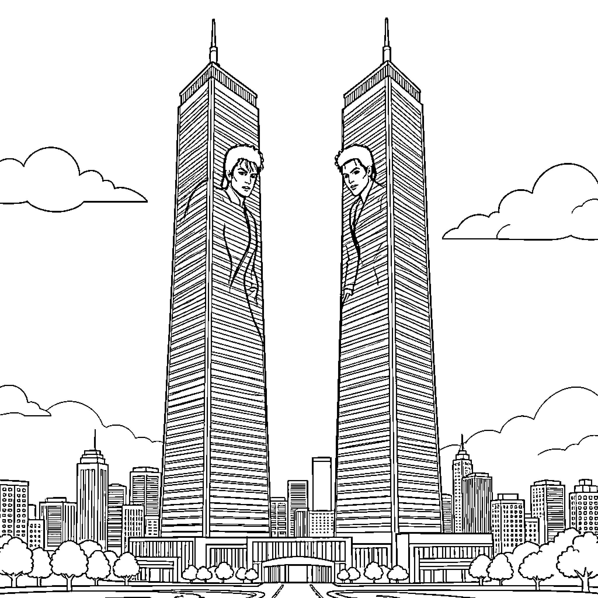 Michael Jackson standing tall between two skyscrapers Coloring Page (free black-and-white line drawing printable PDF for all, from beginners to advanced learners, including children, teens, adults, and seniors)