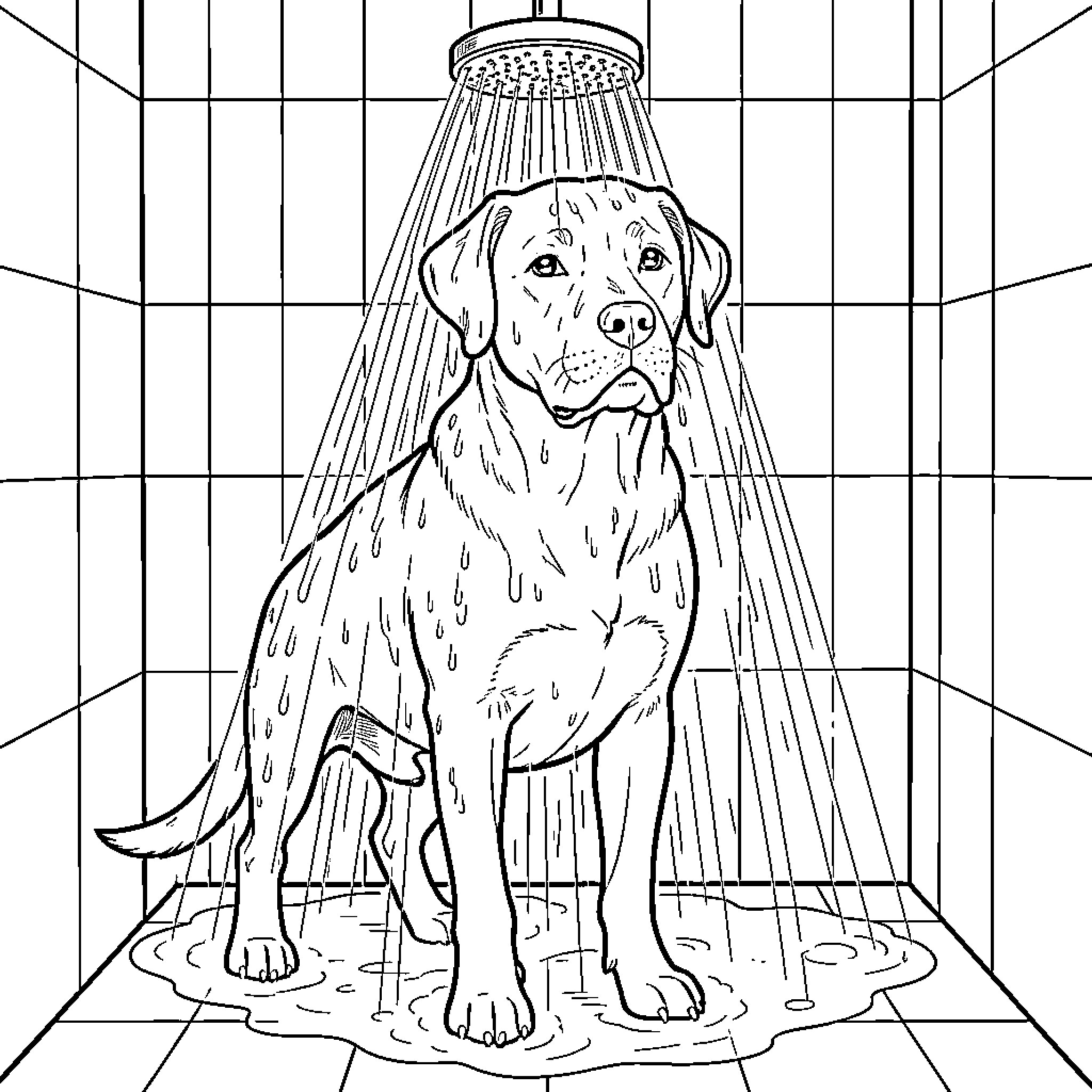 Labrador sitting calmly under a running shower head Coloring Page (free black-and-white line drawing printable PDF for all, from beginners to advanced learners, including children, teens, adults, and seniors)