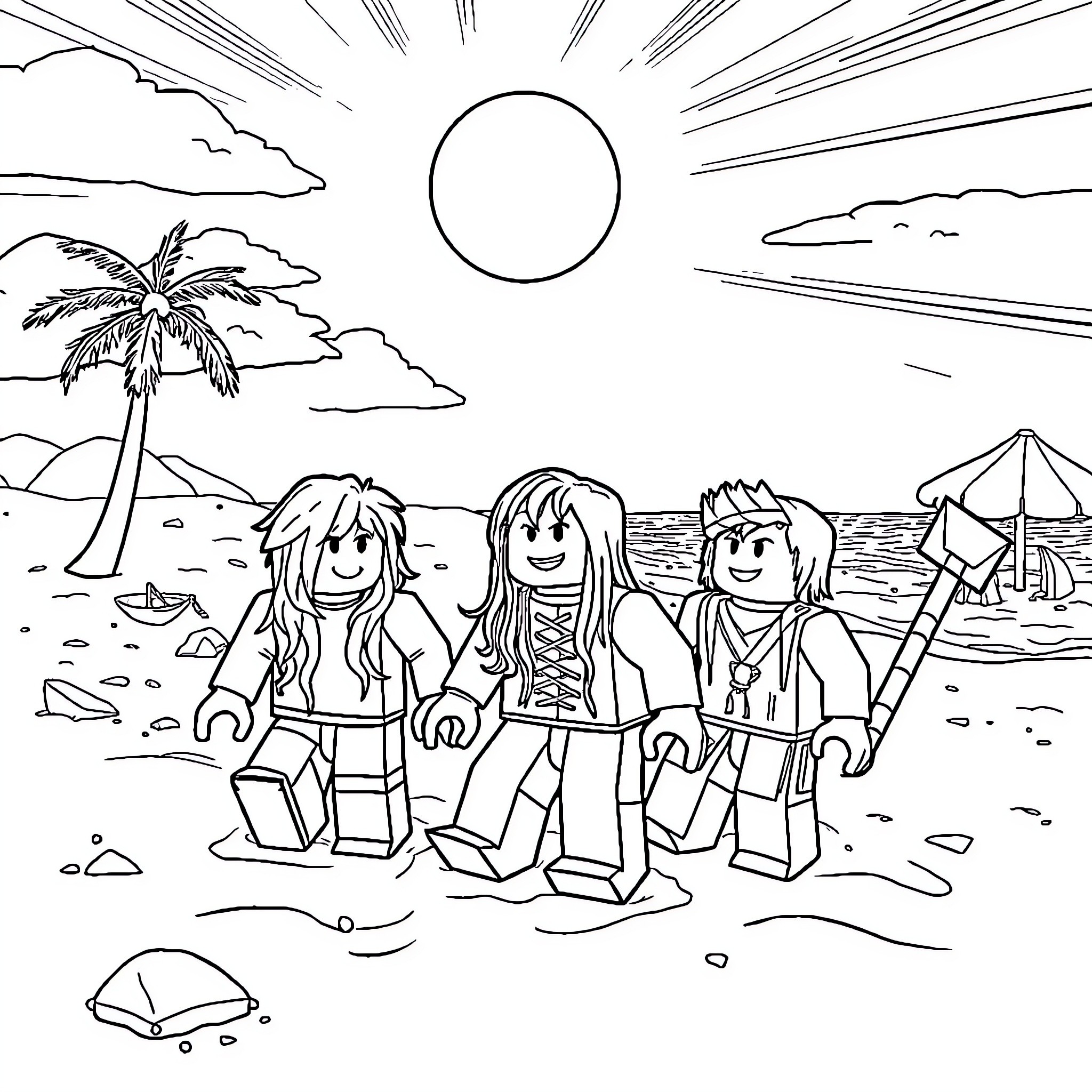 Roblox characters enjoying a day at the beach Coloring Page (free black-and-white line drawing printable PDF for all, from beginners to advanced learners, including children, teens, adults, and seniors)