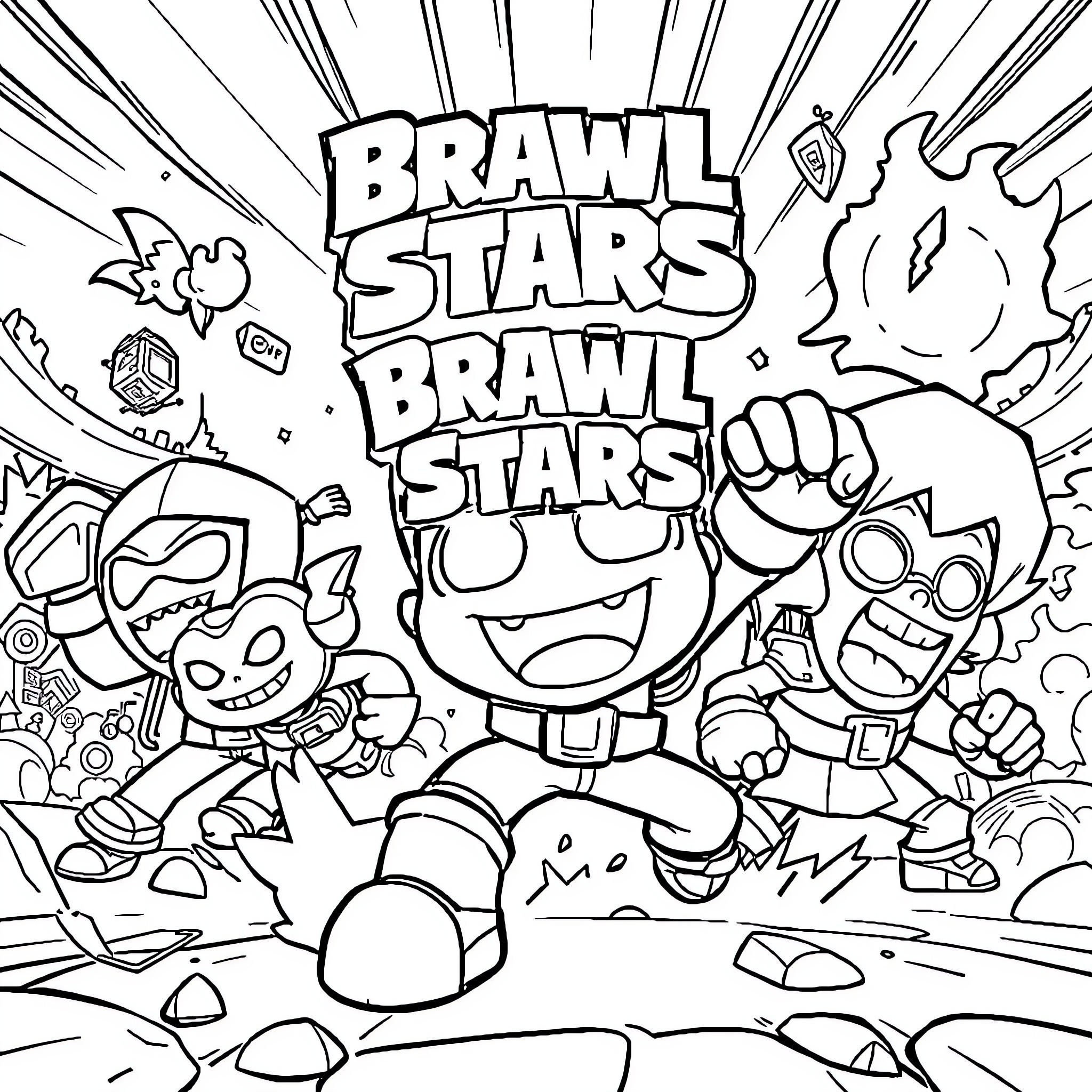 Brawl Stars characters in an action-packed scene Coloring Page (free black-and-white line drawing printable PDF for all, from beginners to advanced learners, including children, teens, adults, and seniors)