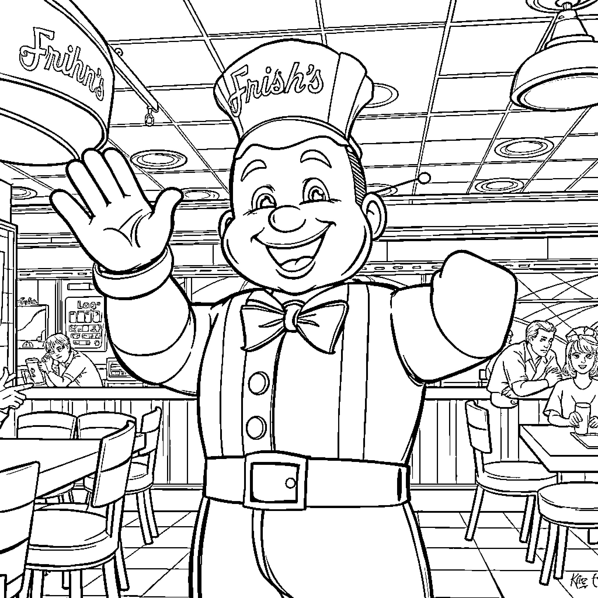 Big Boy waves happily in the diner Coloring Page (free black-and-white line drawing printable PDF for all, from beginners to advanced learners, including children, teens, adults, and seniors)