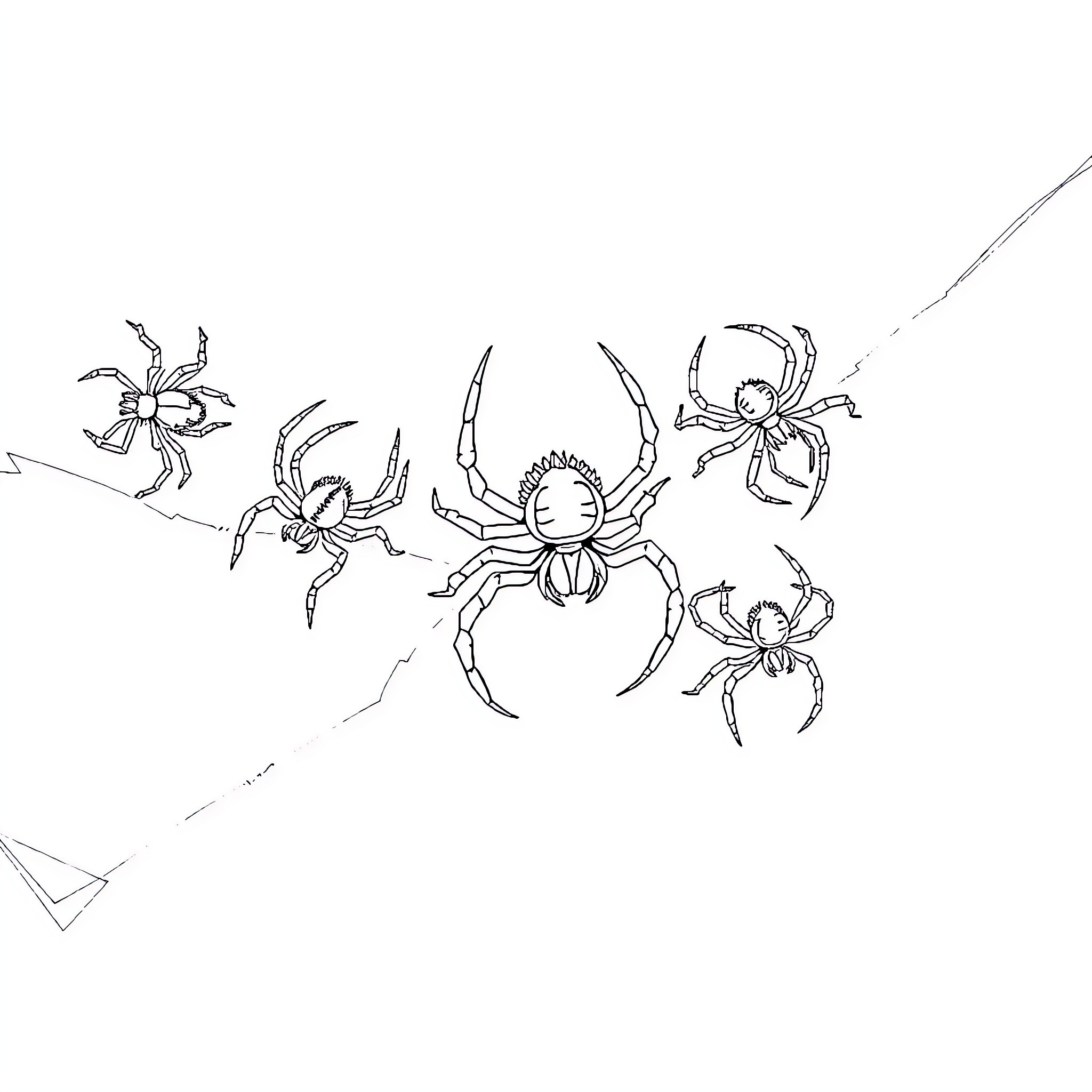 Spider creatures skittering across a surface Coloring Page (free black-and-white line drawing printable PDF for all, from beginners to advanced learners, including children, teens, adults, and seniors)