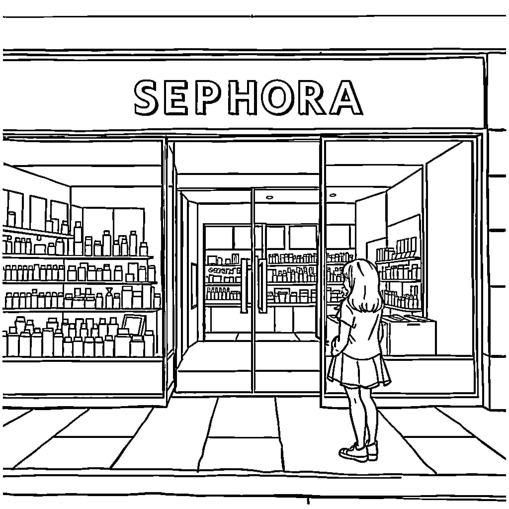 Girl Browsing Beauty Products at Sephora Coloring Page (free black-and-white line drawing printable PDF for all, from beginners to advanced learners, including children, teens, adults, and seniors)