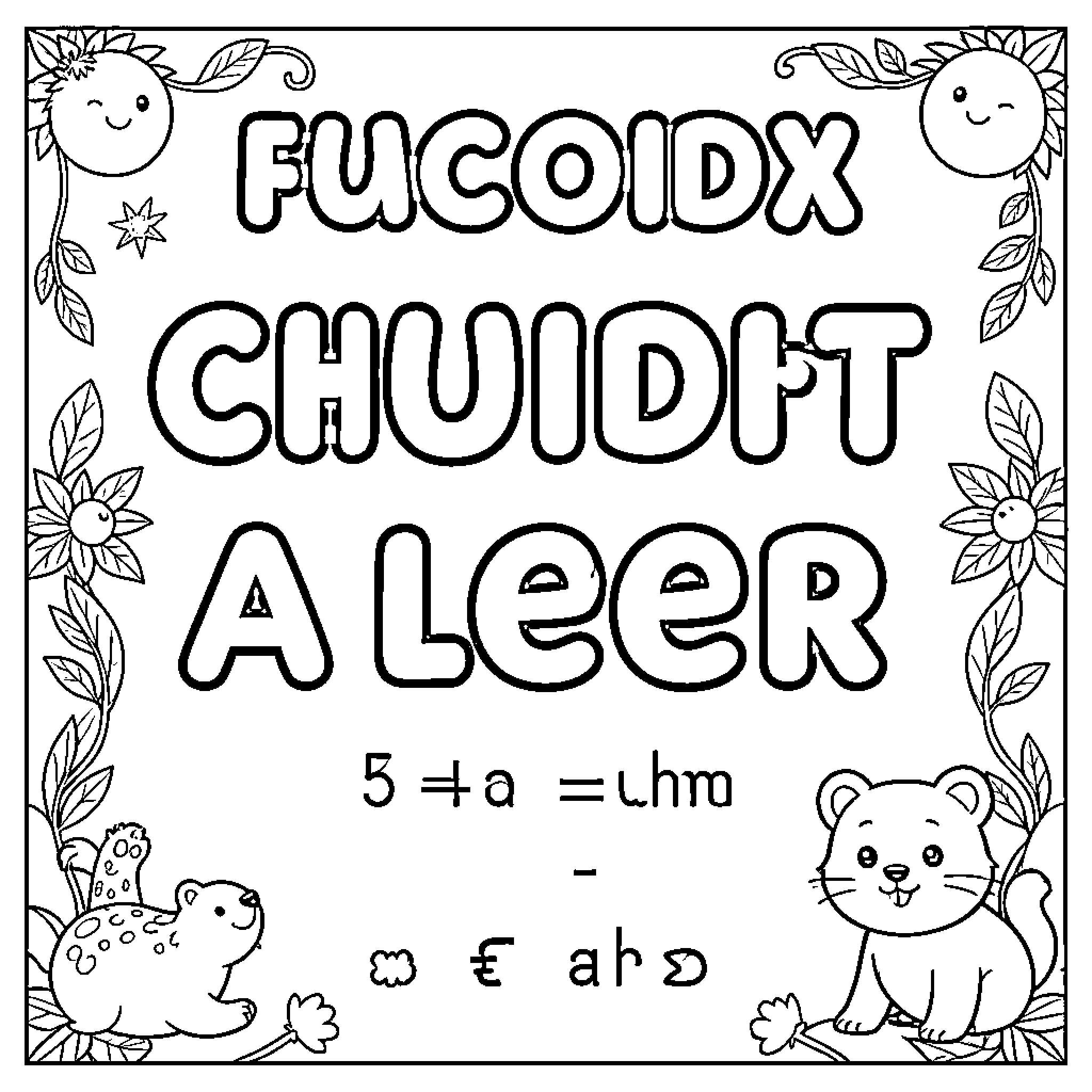 Letter shaped characters surrounded by cute animals and flowers Coloring Page (free black-and-white line drawing printable PDF for all, from beginners to advanced learners, including children, teens, adults, and seniors)