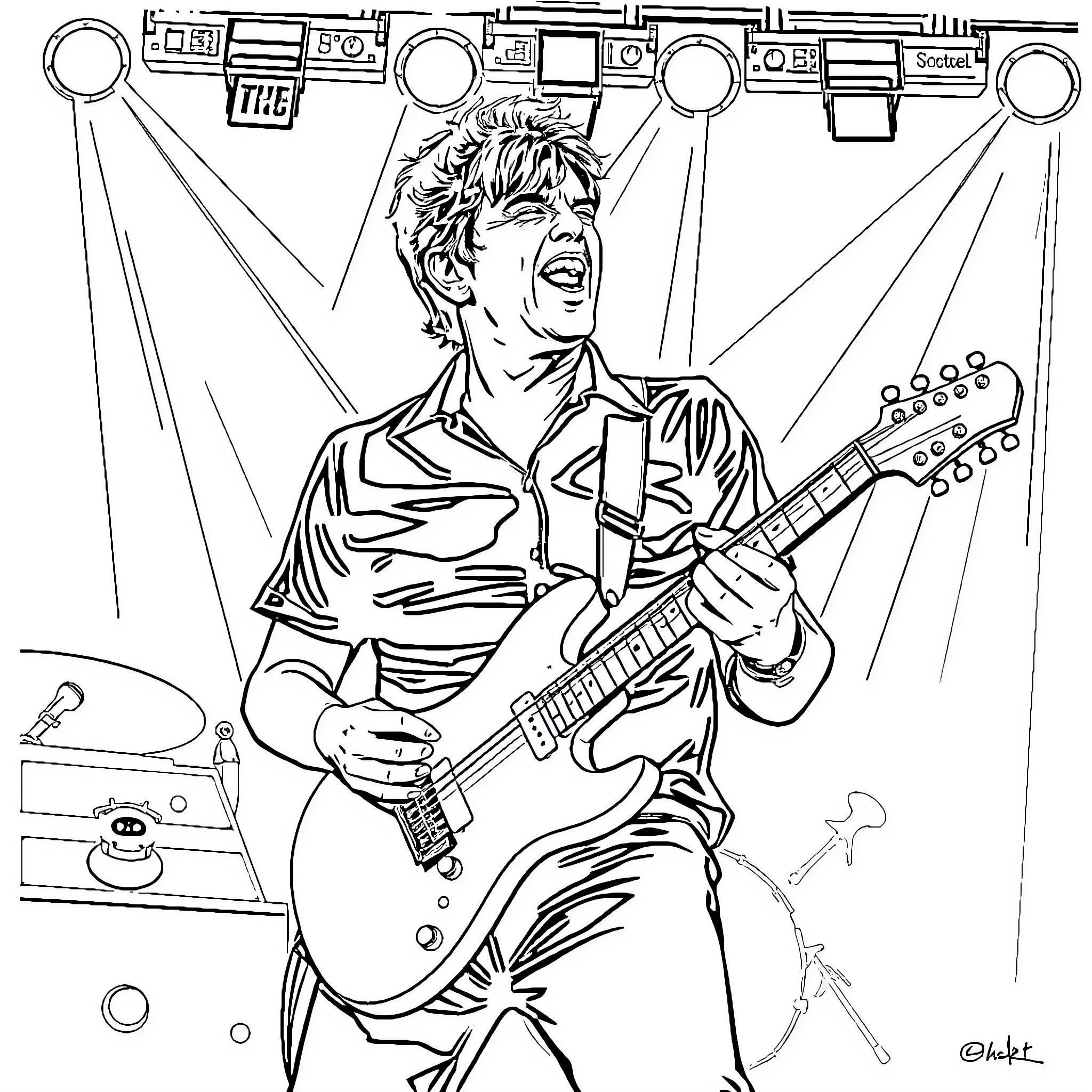 Billie Joe Armstrong performing on stage with electric guitar Coloring Page (free black-and-white line drawing printable PDF for all, from beginners to advanced learners, including children, teens, adults, and seniors)