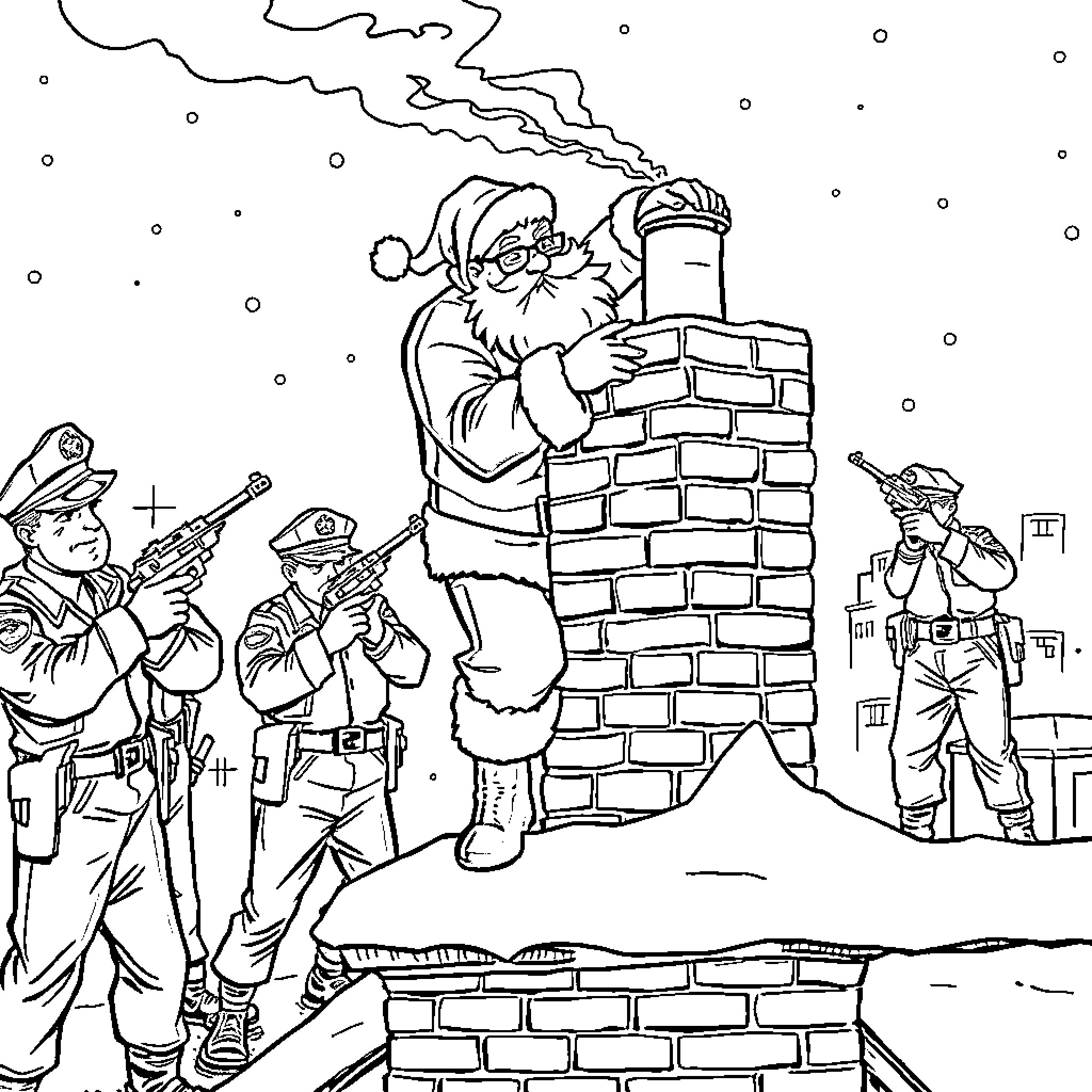 Santa Claus Delivering Presents through Chimney Coloring Page (free black-and-white line drawing printable PDF for all, from beginners to advanced learners, including children, teens, adults, and seniors)