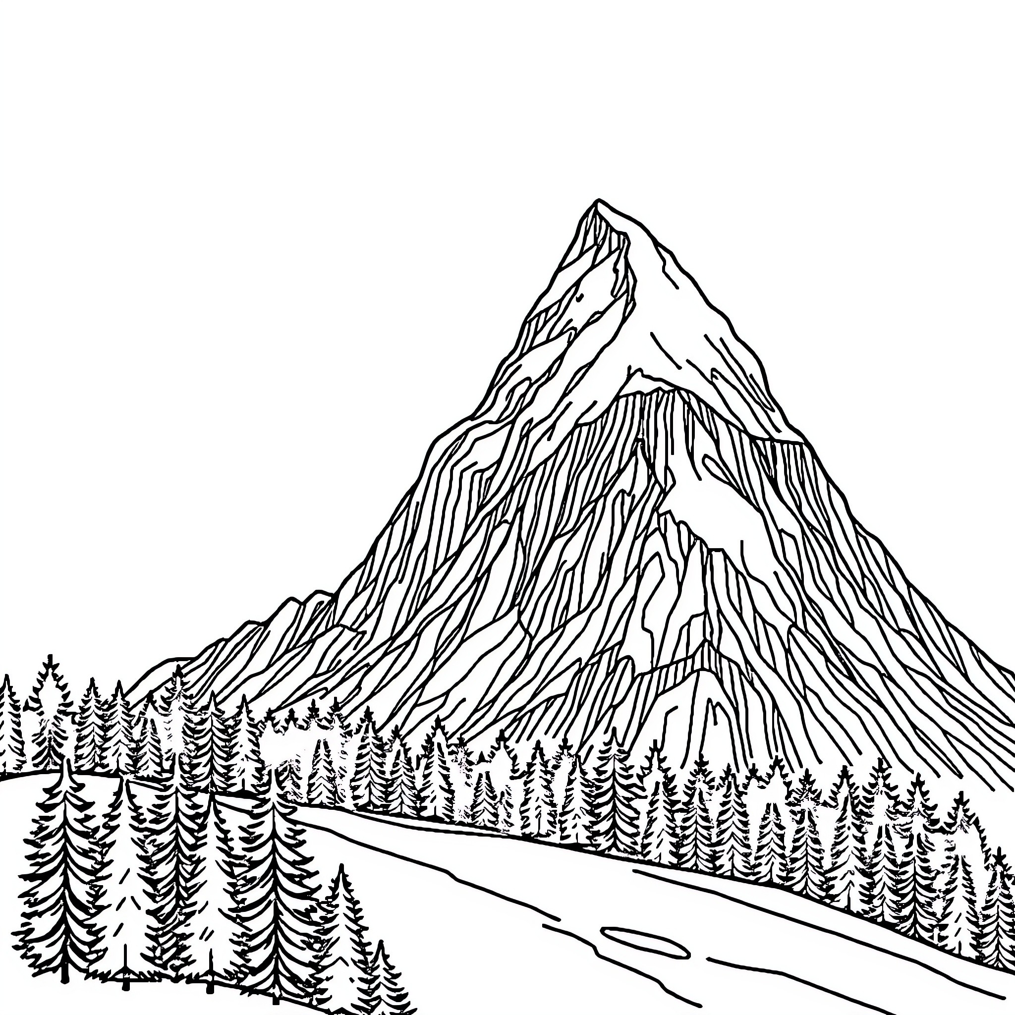 Mountain landscape with pine forest and river Coloring Page (free black-and-white line drawing printable PDF for all, from beginners to advanced learners, including children, teens, adults, and seniors)