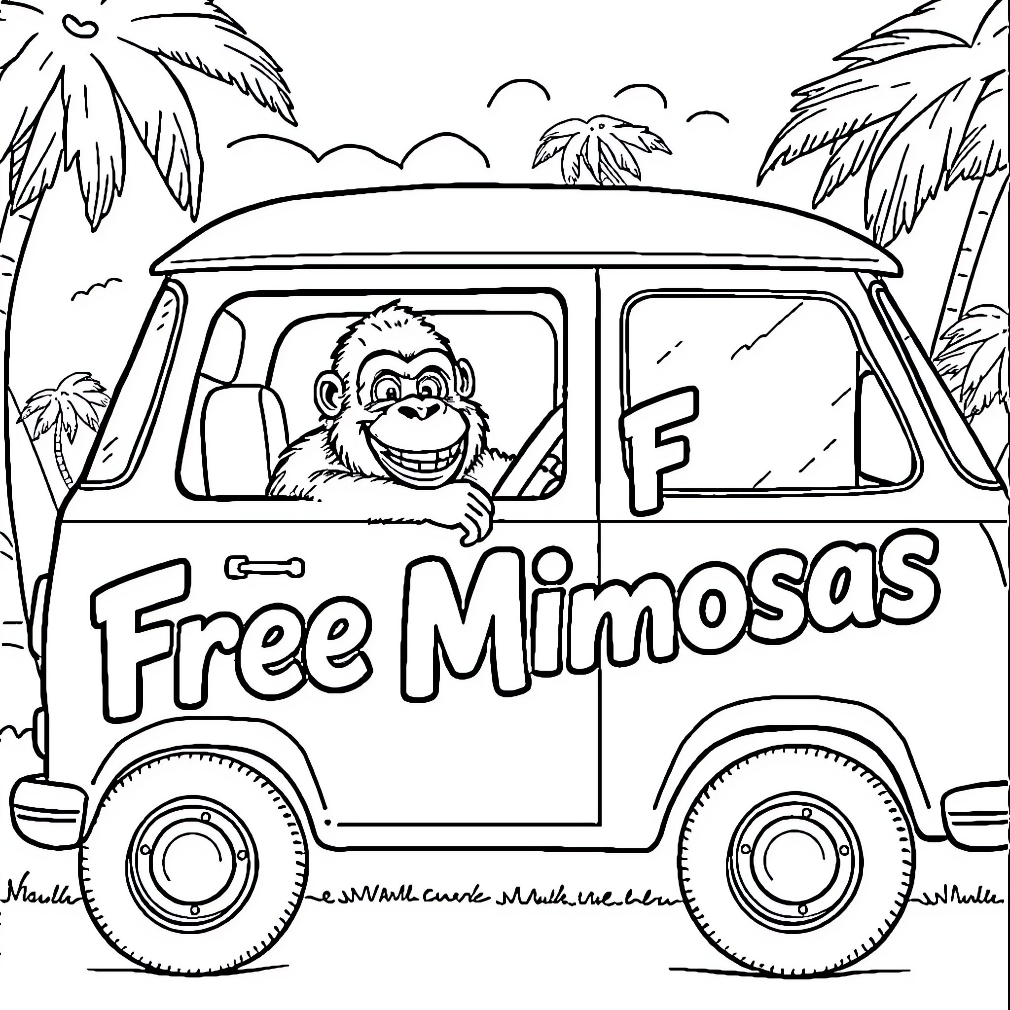Gorilla drives 'Free Mimosas' van on tropical beach Coloring Page (free black-and-white line drawing printable PDF for all, from beginners to advanced learners, including children, teens, adults, and seniors)